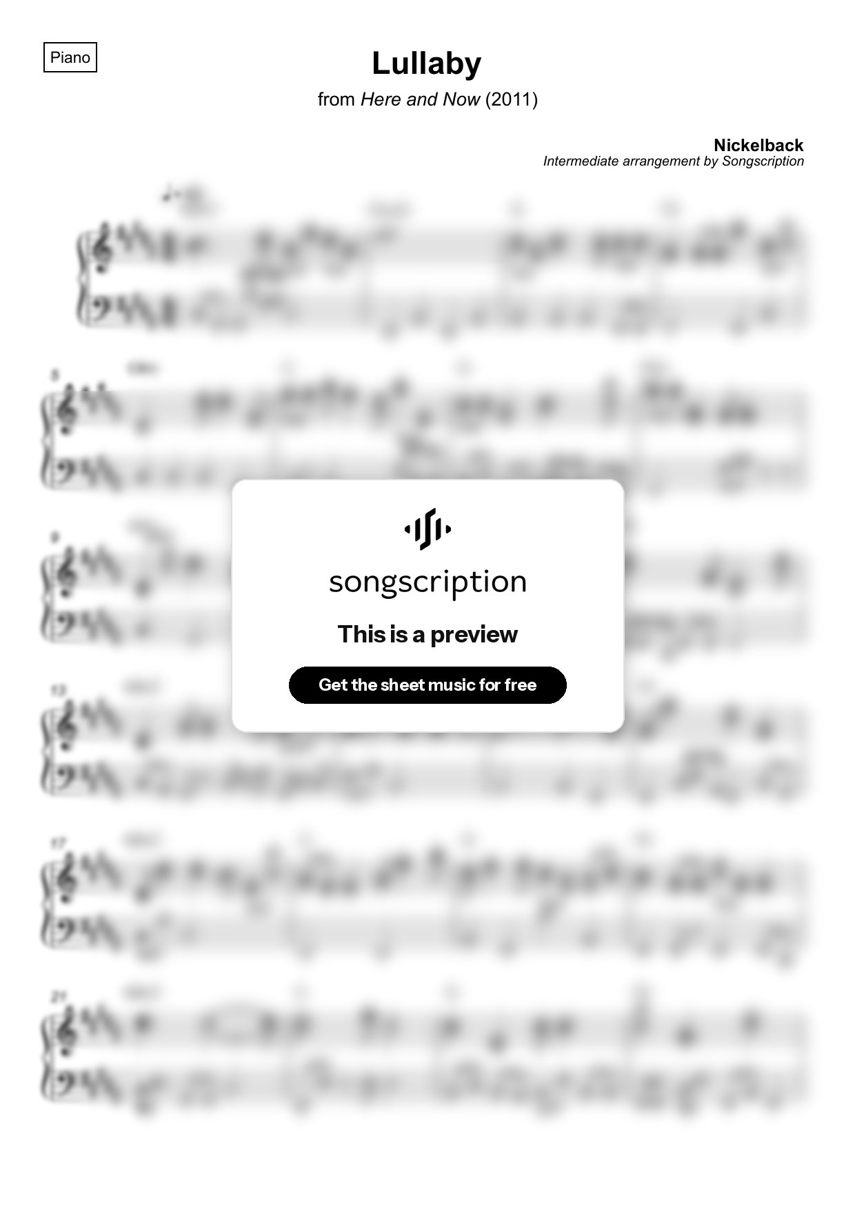 Intermediate Piano Sheet Music for "Lullaby" by Nickelback