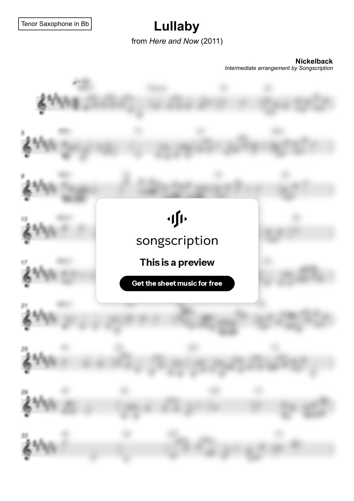 Intermediate Tenor Sax Sheet Music for "Lullaby" by Nickelback