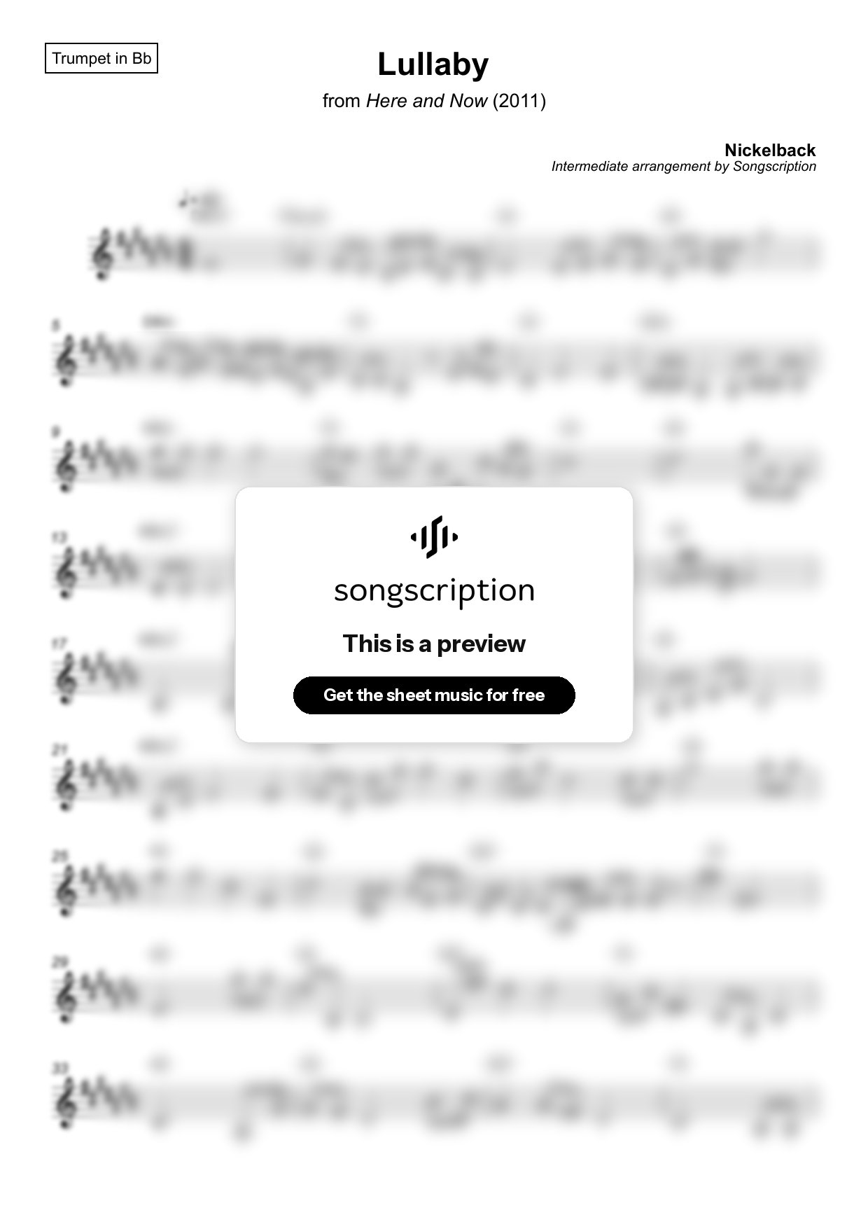 Intermediate Trumpet Sheet Music for "Lullaby" by Nickelback