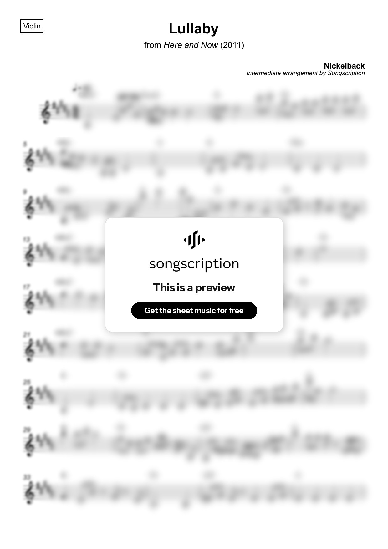Intermediate Violin Sheet Music for "Lullaby" by Nickelback