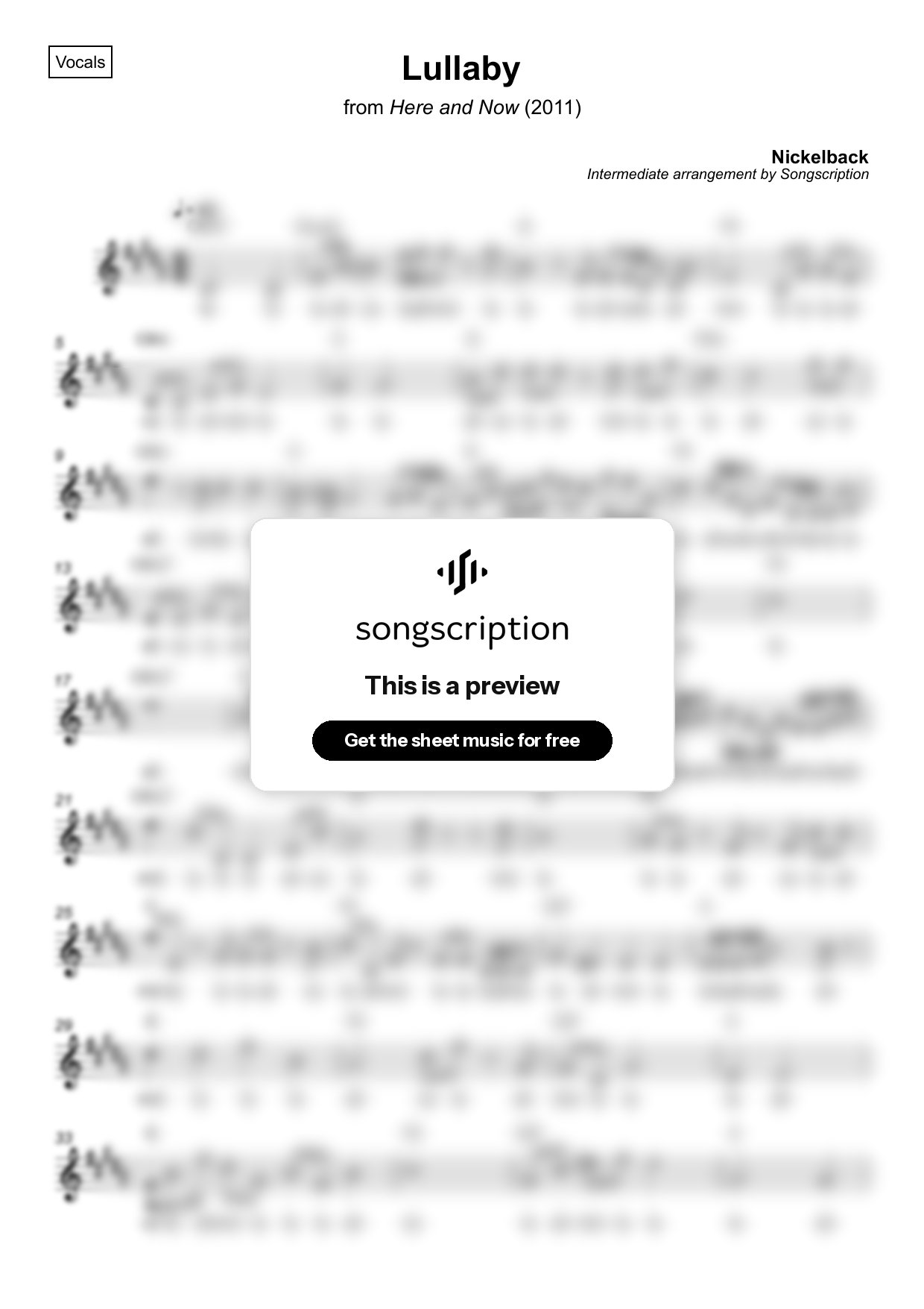Intermediate Vocals Sheet Music for "Lullaby" by Nickelback