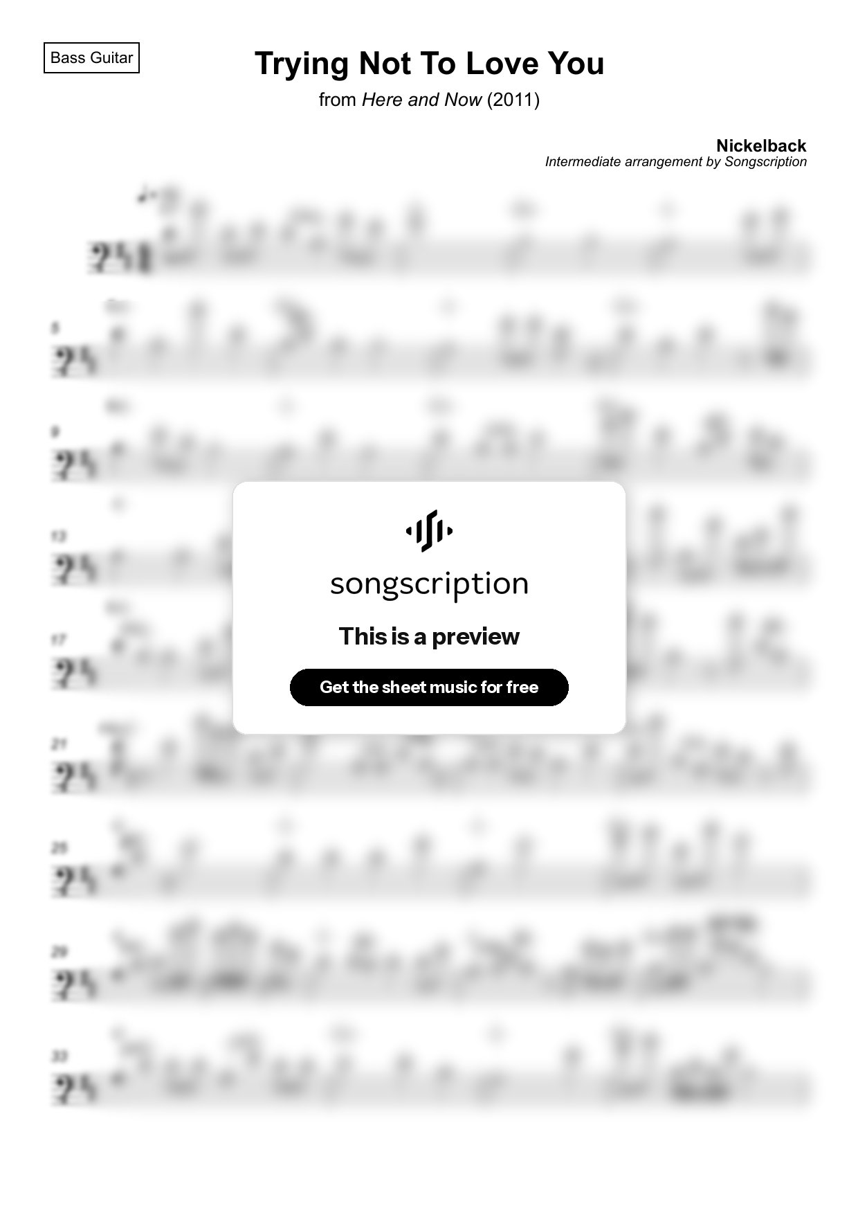Intermediate Bass Guitar Sheet Music for "Trying Not To Love You" by Nickelback