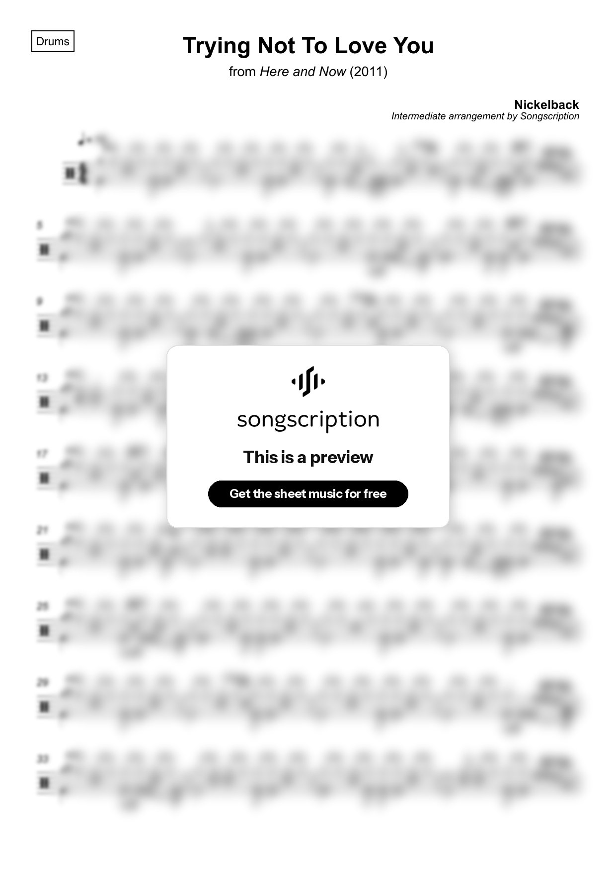Intermediate Drums Sheet Music for "Trying Not To Love You" by Nickelback