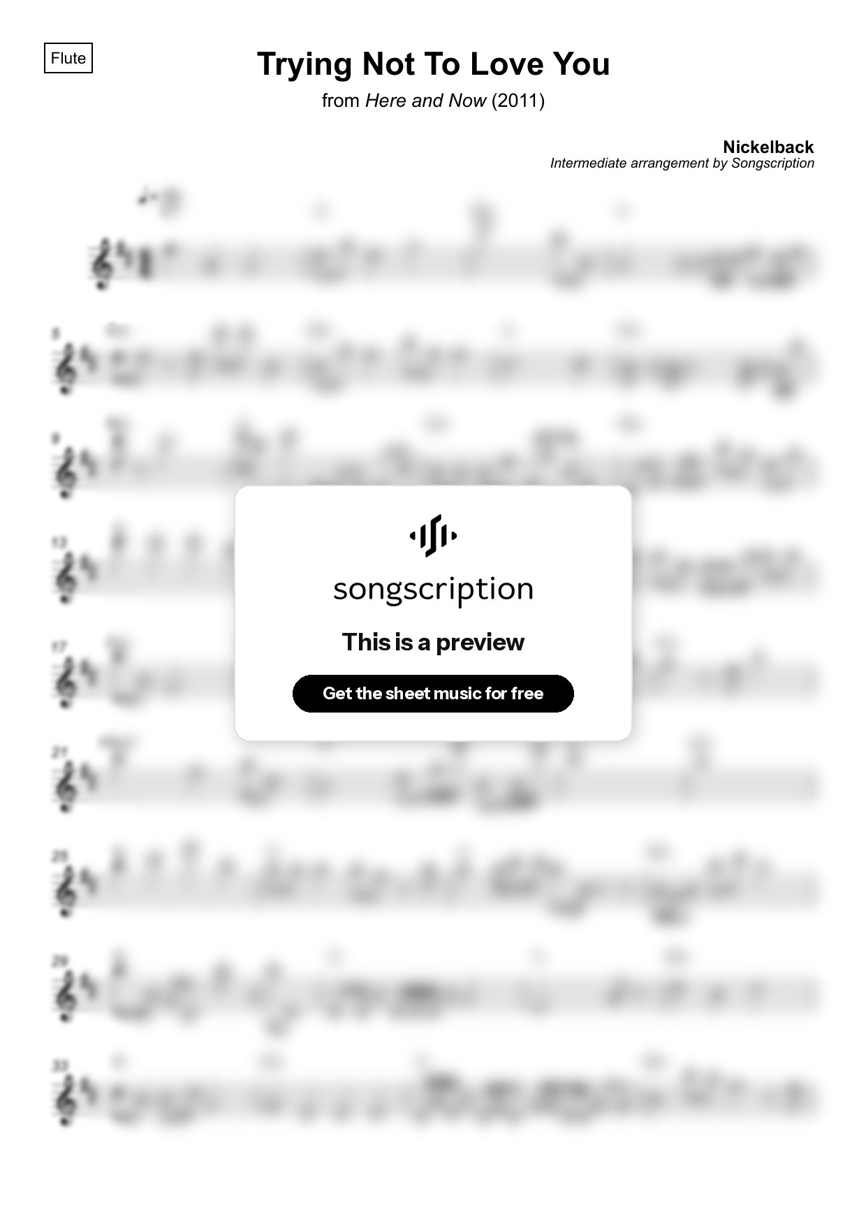 Intermediate Flute Sheet Music for "Trying Not To Love You" by Nickelback