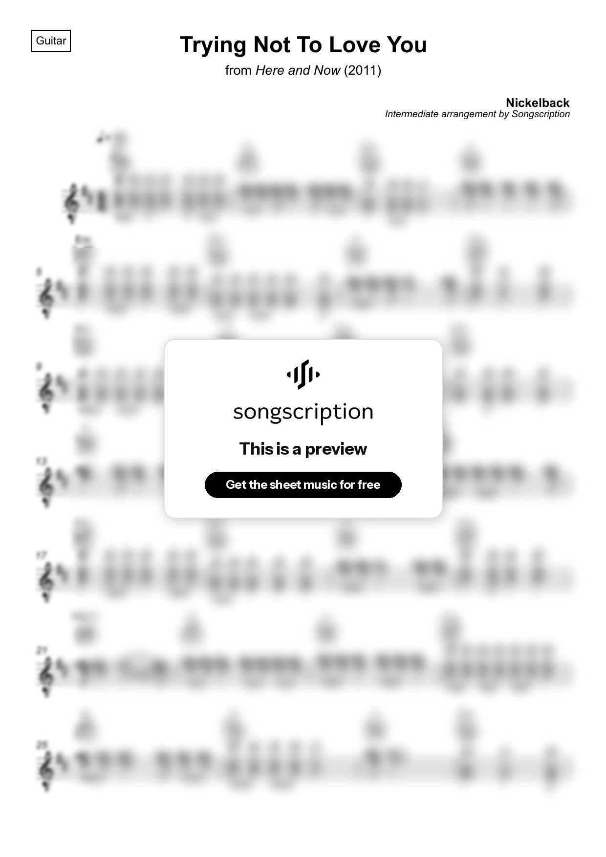 Intermediate Acoustic Guitar Sheet Music for "Trying Not To Love You" by Nickelback