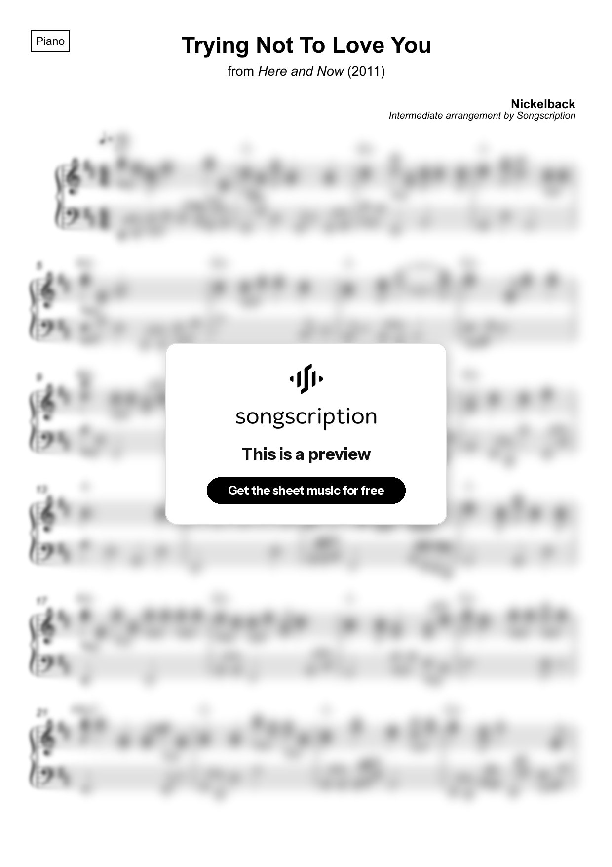 Intermediate Piano Sheet Music for "Trying Not To Love You" by Nickelback