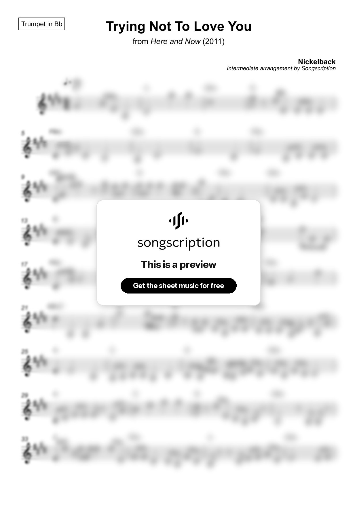 Intermediate Trumpet Sheet Music for "Trying Not To Love You" by Nickelback