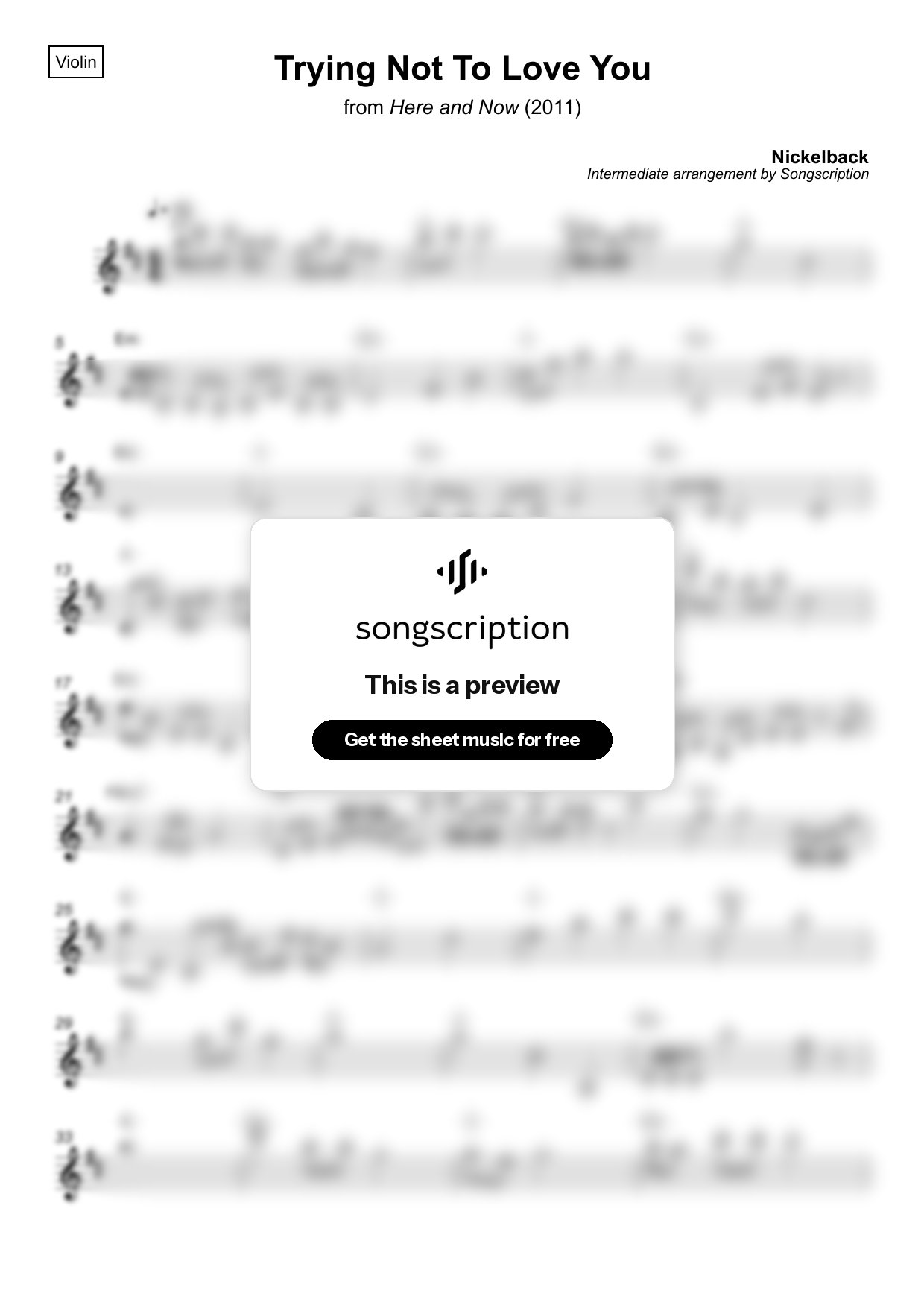 Intermediate Violin Sheet Music for "Trying Not To Love You" by Nickelback