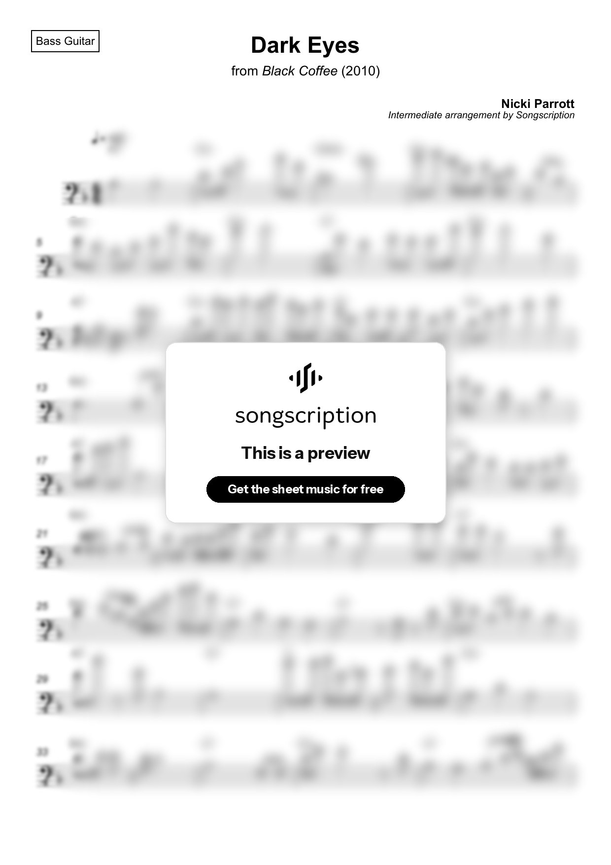 Intermediate Bass Guitar Sheet Music for "Dark Eyes" by Nicki Parrott