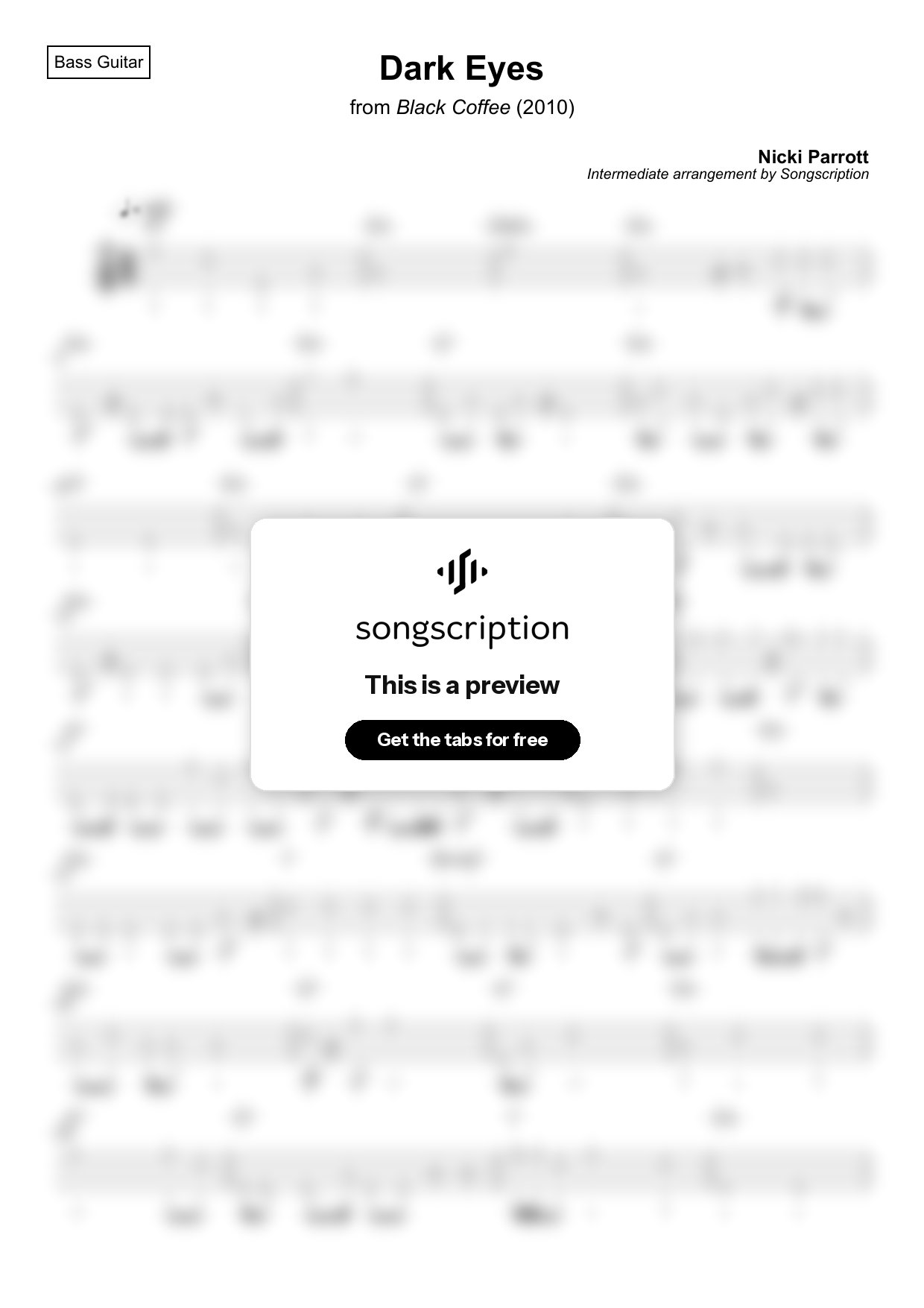 Intermediate Bass Guitar Tabs for "Dark Eyes" by Nicki Parrott