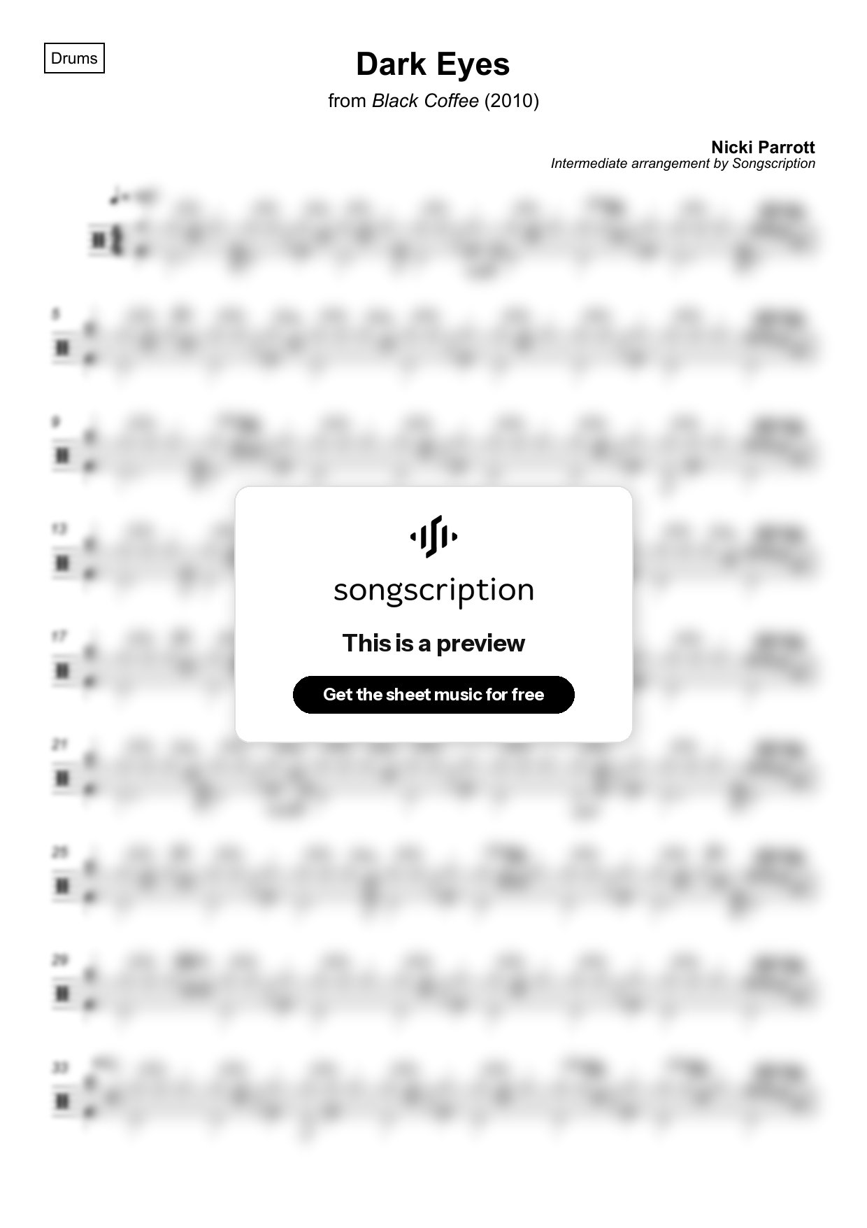 Intermediate Drums Sheet Music for "Dark Eyes" by Nicki Parrott