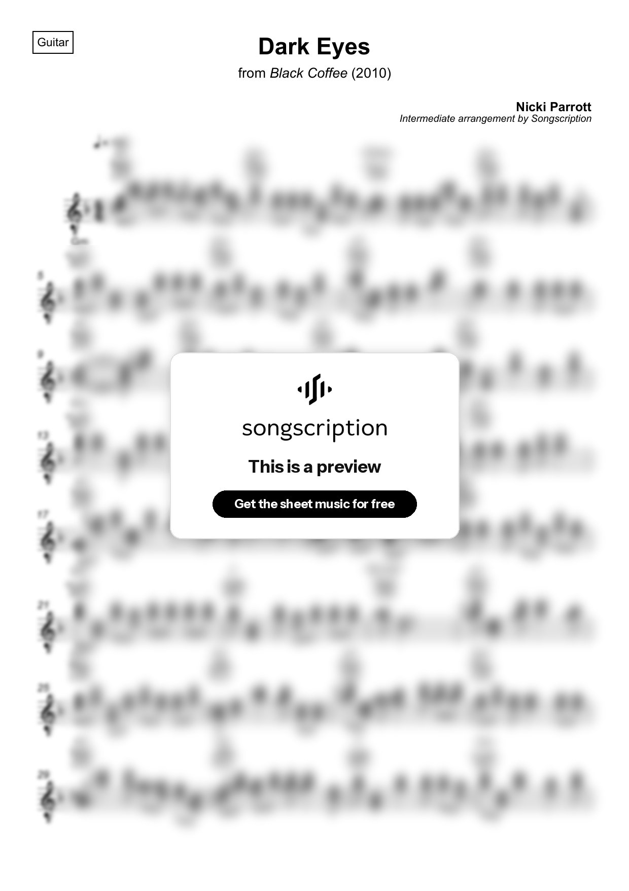 Intermediate Acoustic Guitar Sheet Music for "Dark Eyes" by Nicki Parrott