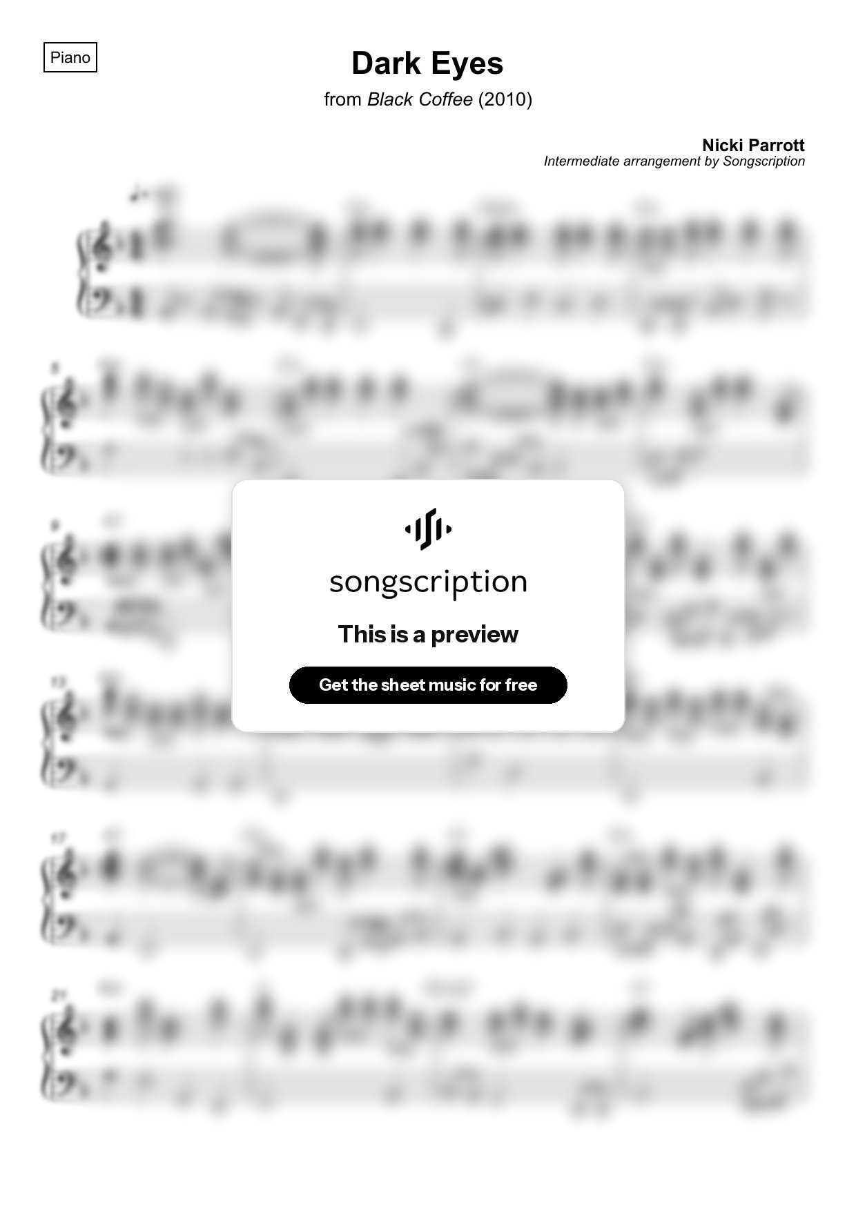 Intermediate Piano Sheet Music for "Dark Eyes" by Nicki Parrott