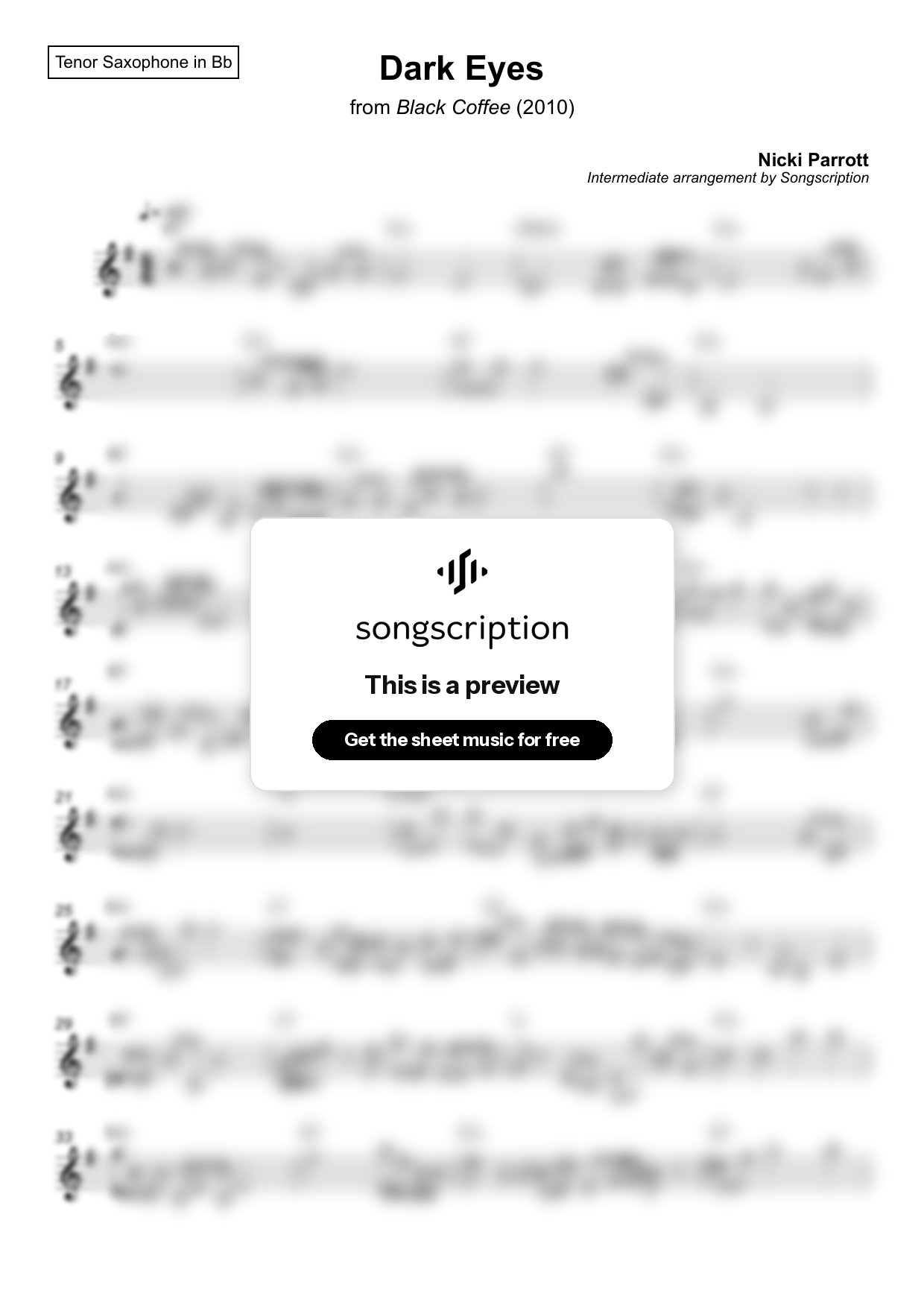 Intermediate Tenor Sax Sheet Music for "Dark Eyes" by Nicki Parrott