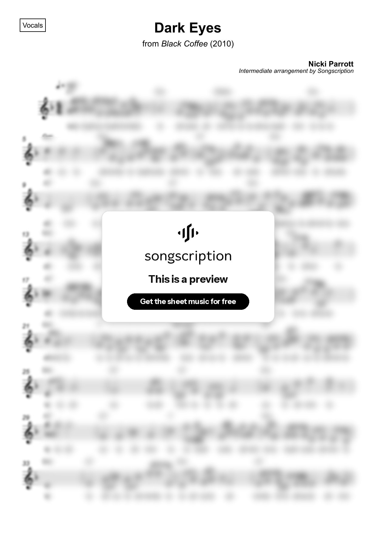Intermediate Vocals Sheet Music for "Dark Eyes" by Nicki Parrott