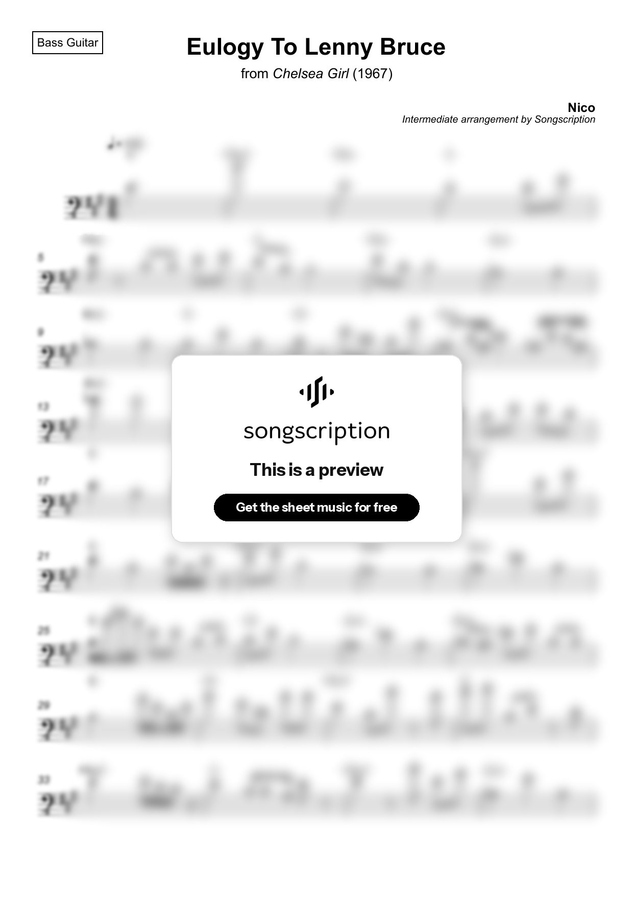 Intermediate Bass Guitar Sheet Music for "Eulogy To Lenny Bruce" by Nico