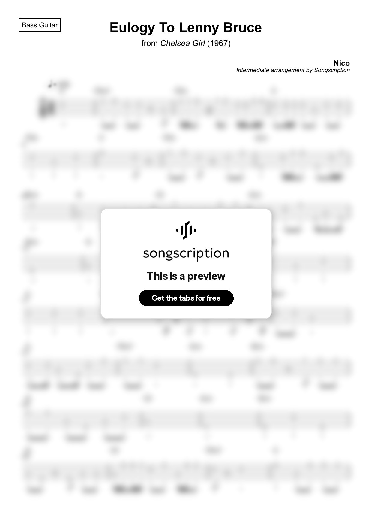 Intermediate Bass Guitar Tabs for "Eulogy To Lenny Bruce" by Nico