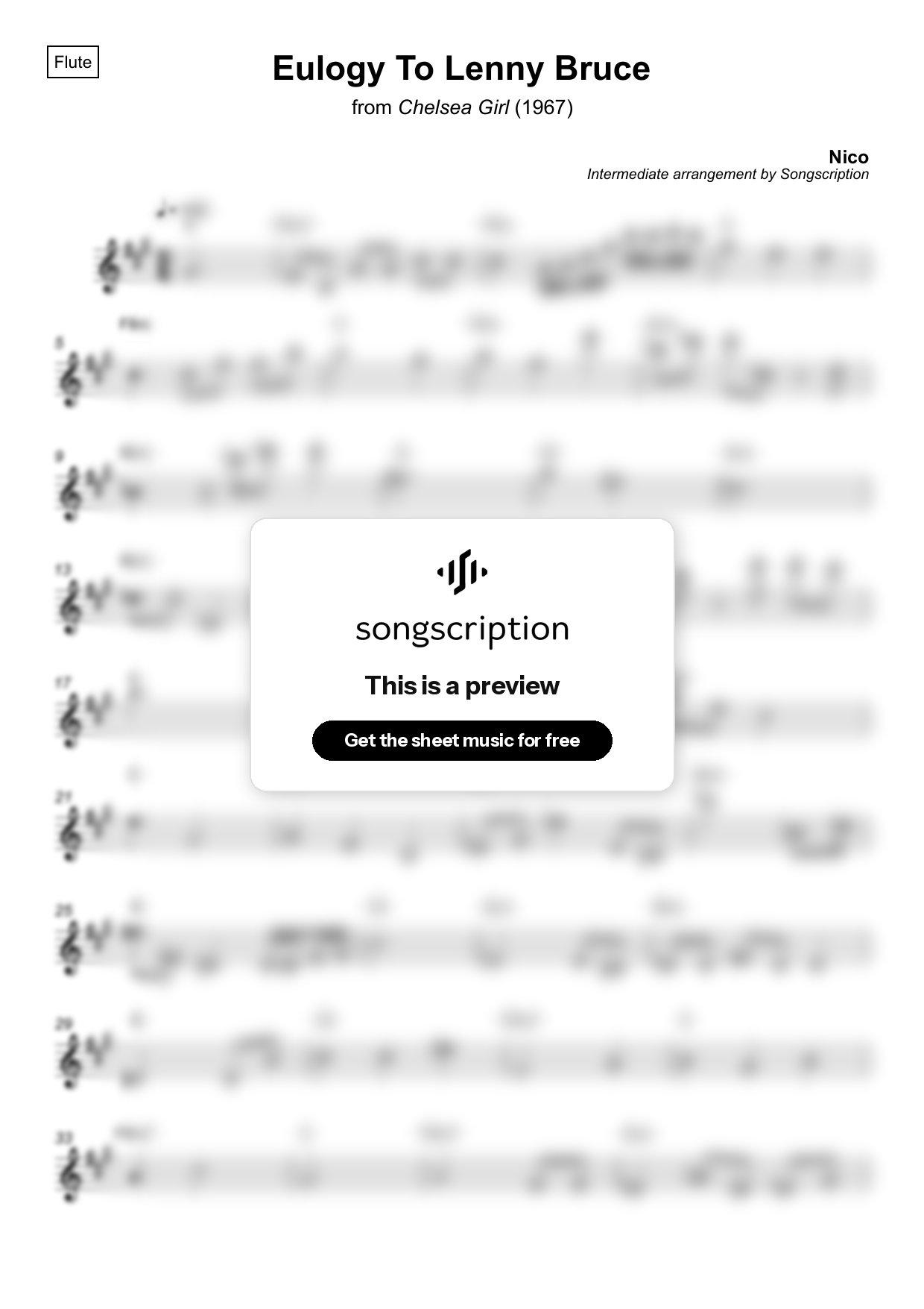 Intermediate Flute Sheet Music for "Eulogy To Lenny Bruce" by Nico