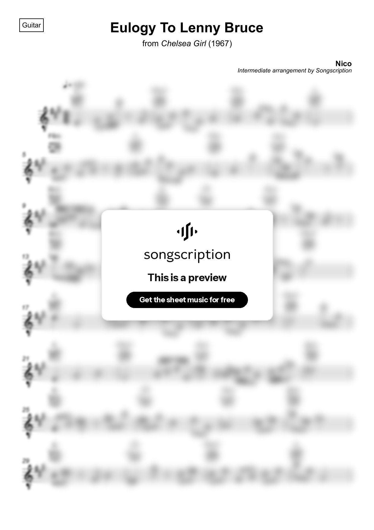 Intermediate Acoustic Guitar Sheet Music for "Eulogy To Lenny Bruce" by Nico