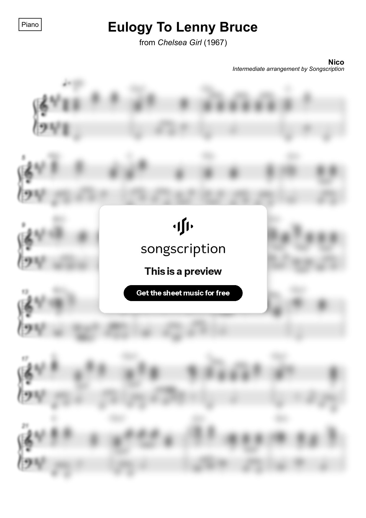 Intermediate Piano Sheet Music for "Eulogy To Lenny Bruce" by Nico