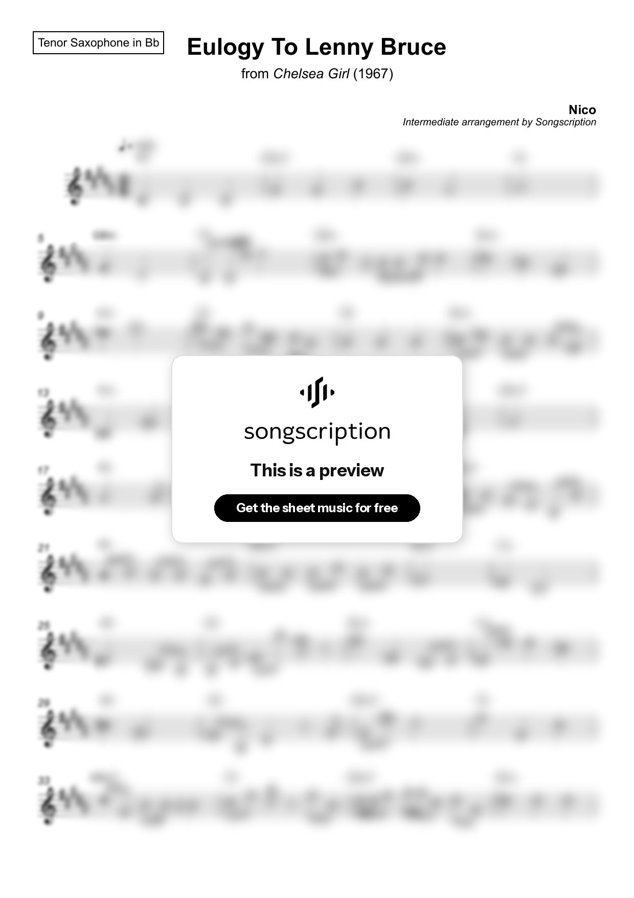 Intermediate Tenor Sax Sheet Music for "Eulogy To Lenny Bruce" by Nico