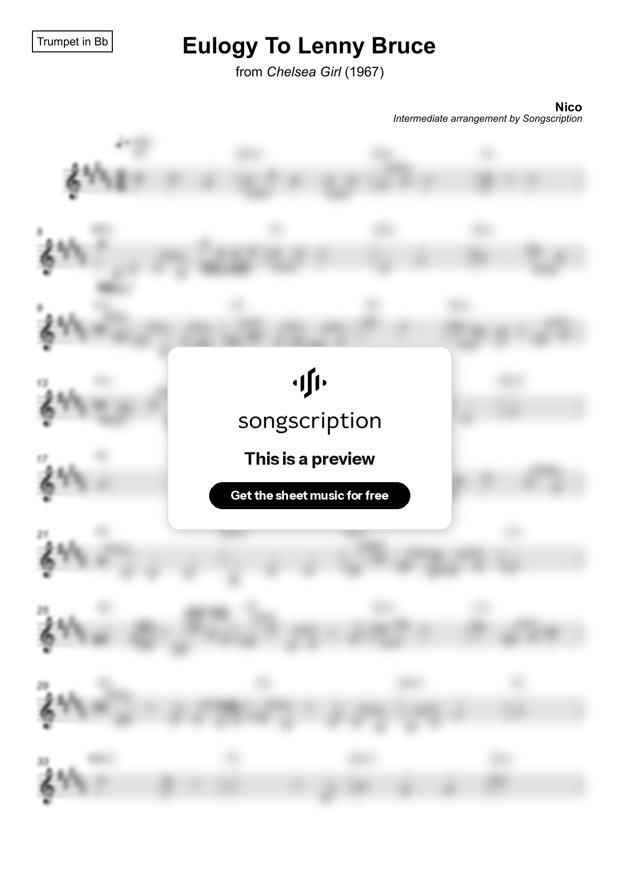 Intermediate Trumpet Sheet Music for "Eulogy To Lenny Bruce" by Nico