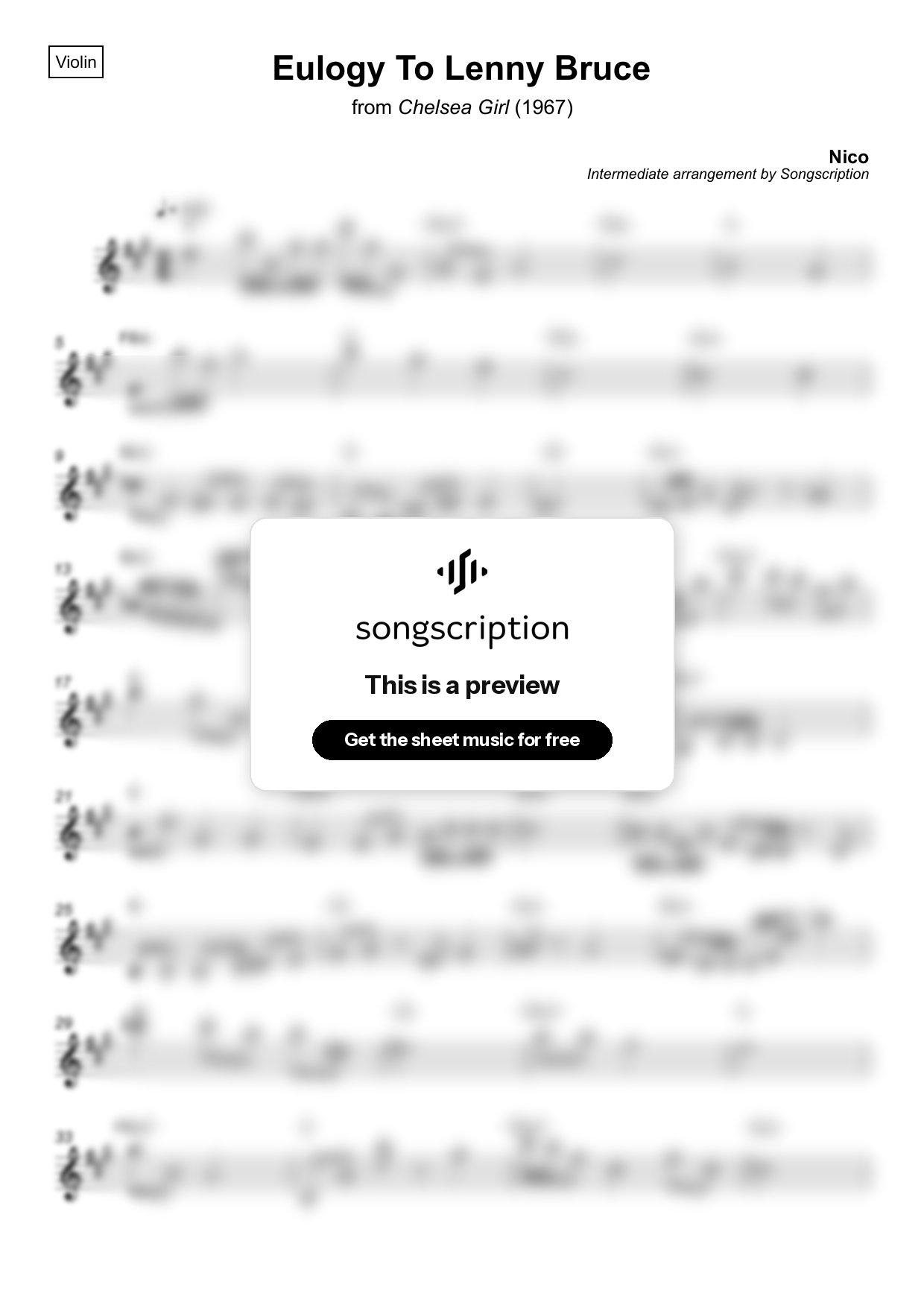 Intermediate Violin Sheet Music for "Eulogy To Lenny Bruce" by Nico
