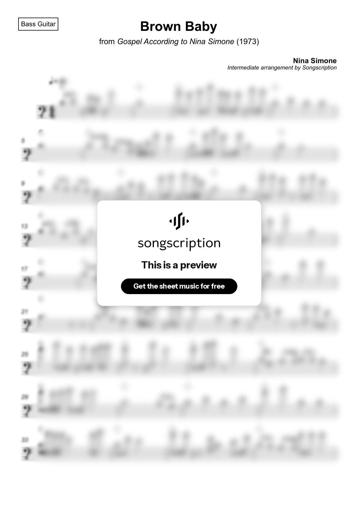 Intermediate Bass Guitar Sheet Music for "Brown Baby" by Nina Simone
