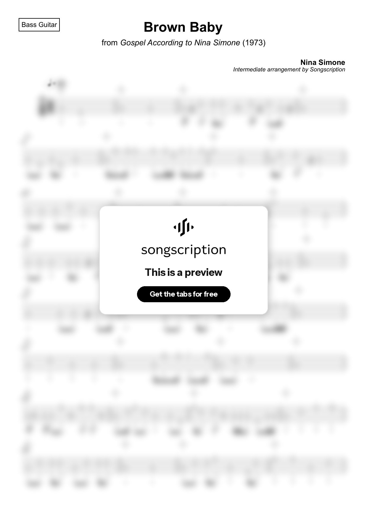 Intermediate Bass Guitar Tabs for "Brown Baby" by Nina Simone