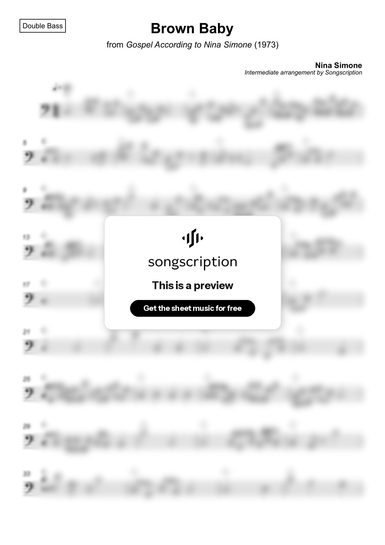 Intermediate Double Bass Sheet Music for "Brown Baby" by Nina Simone