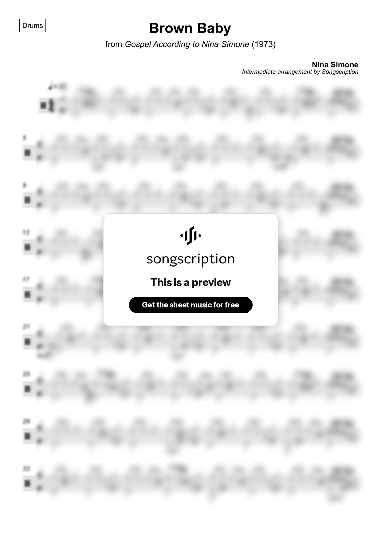 Intermediate Drums Sheet Music for "Brown Baby" by Nina Simone