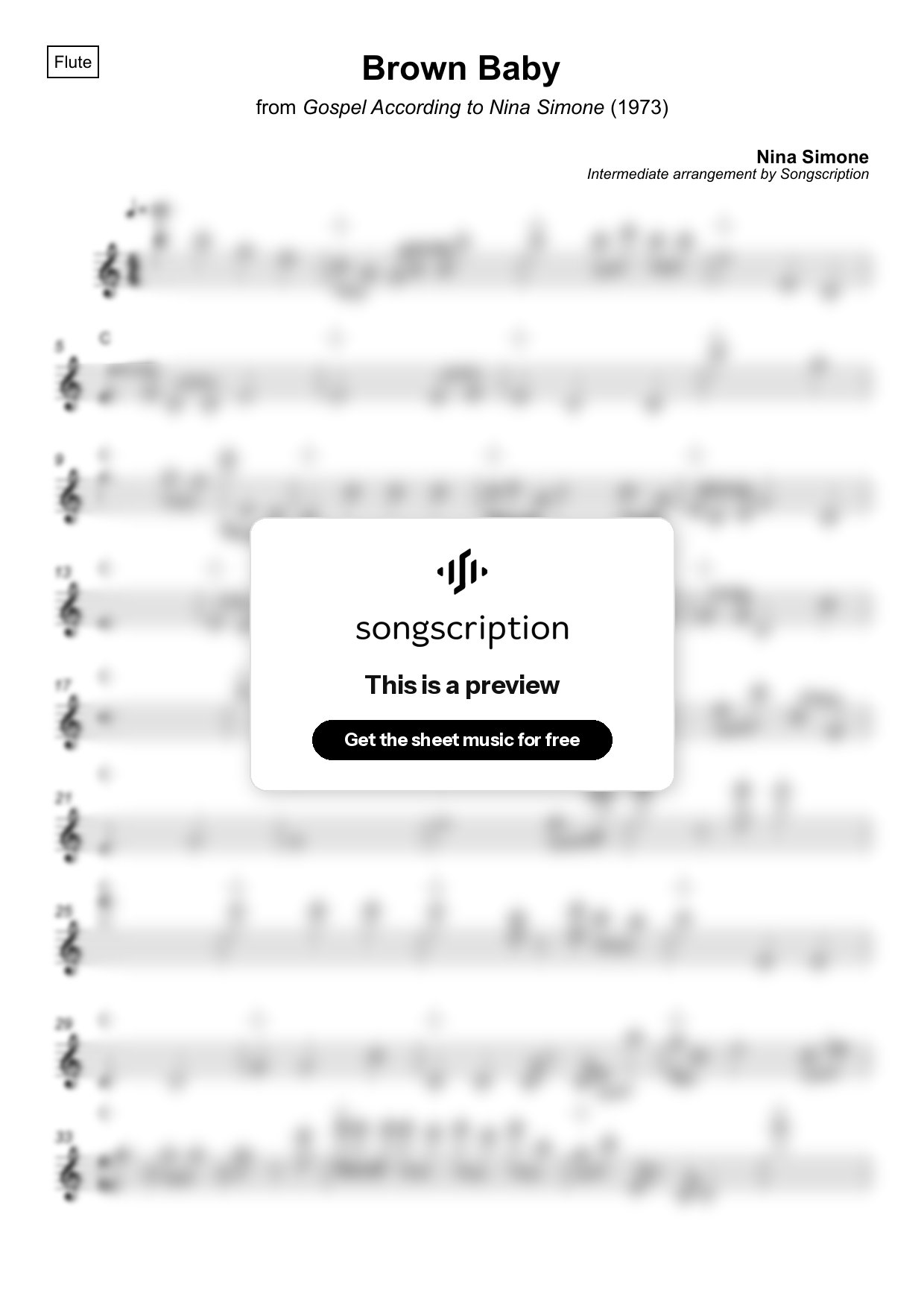 Intermediate Flute Sheet Music for "Brown Baby" by Nina Simone