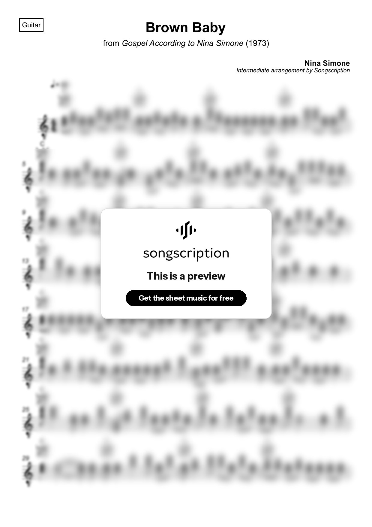 Intermediate Acoustic Guitar Sheet Music for "Brown Baby" by Nina Simone