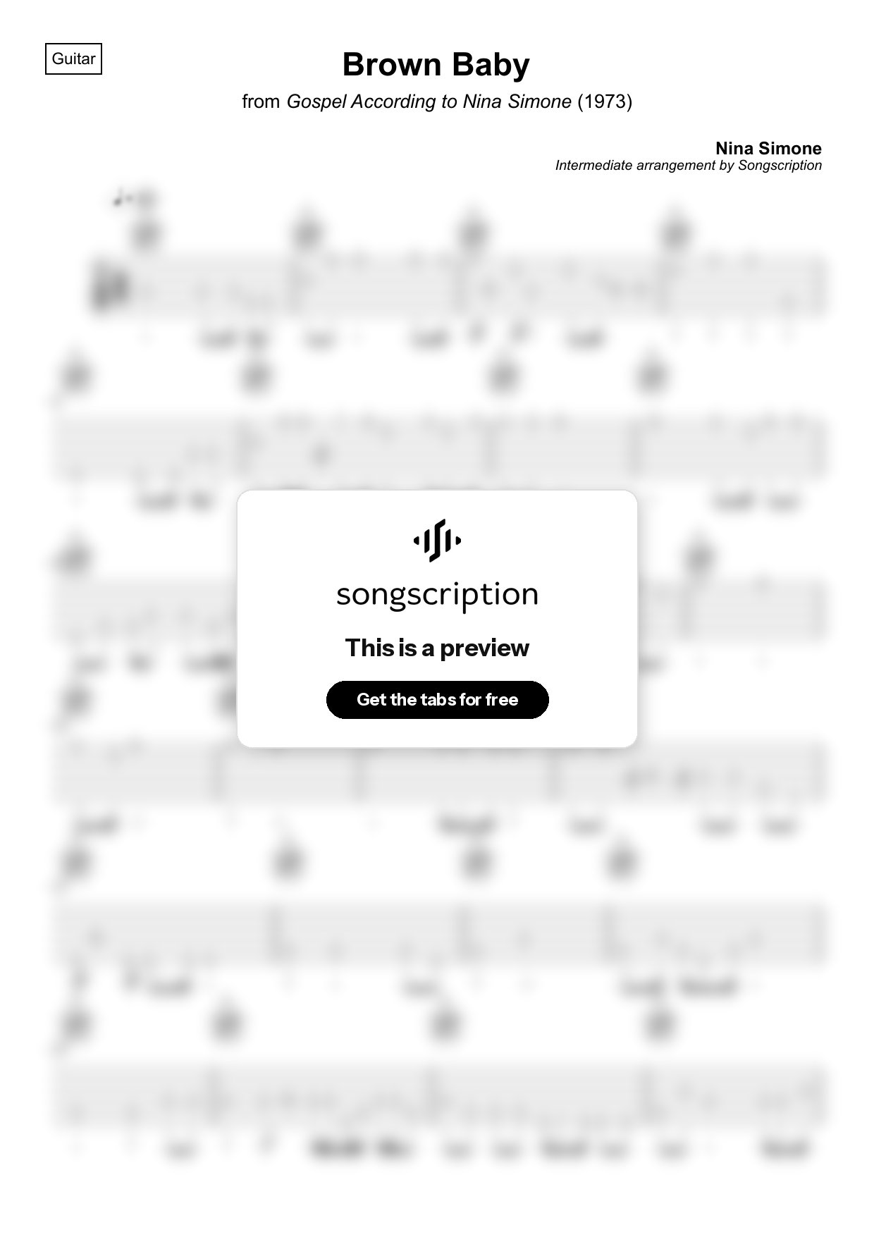 Intermediate Acoustic Guitar Tabs for "Brown Baby" by Nina Simone