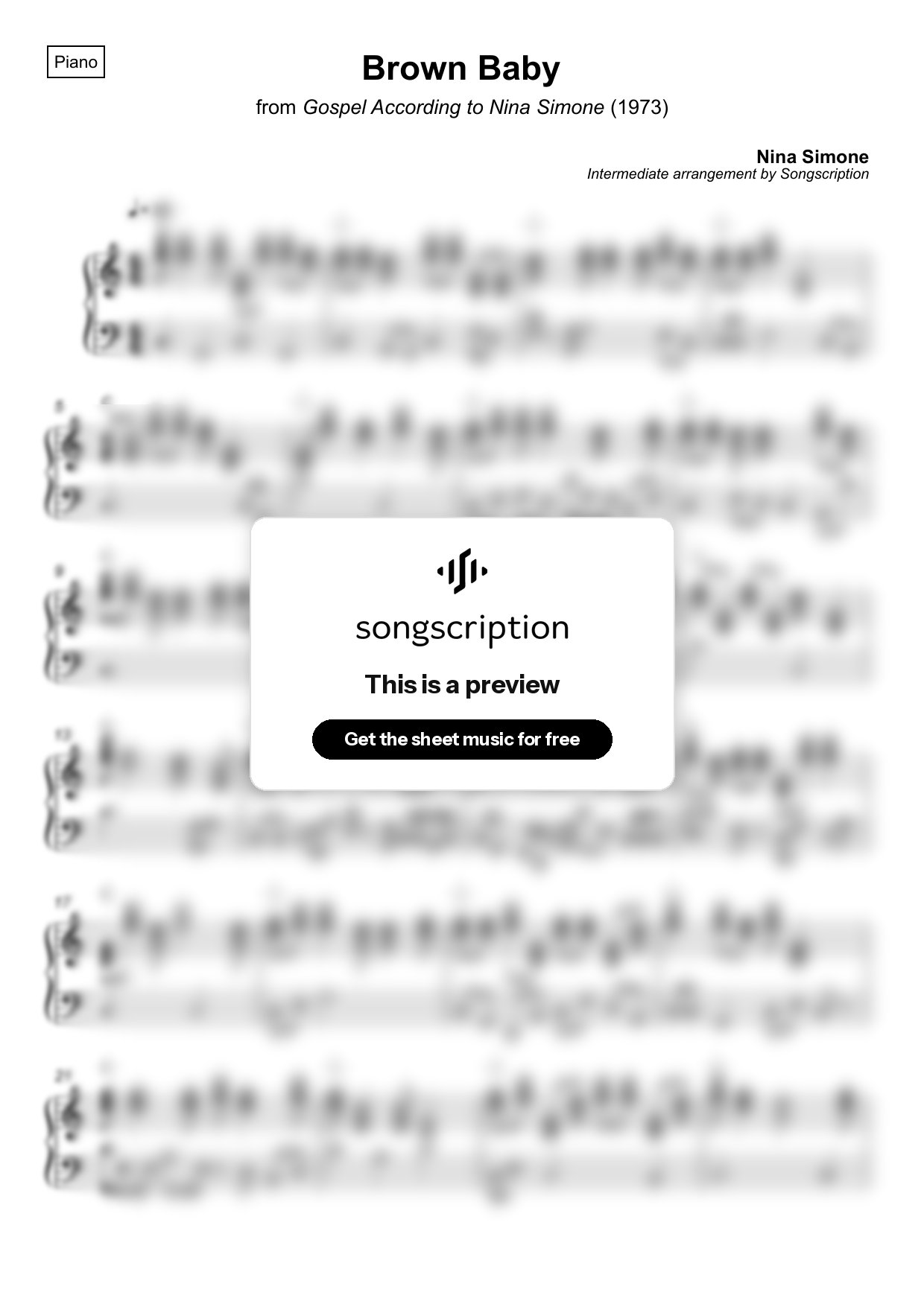 Intermediate Piano Sheet Music for "Brown Baby" by Nina Simone
