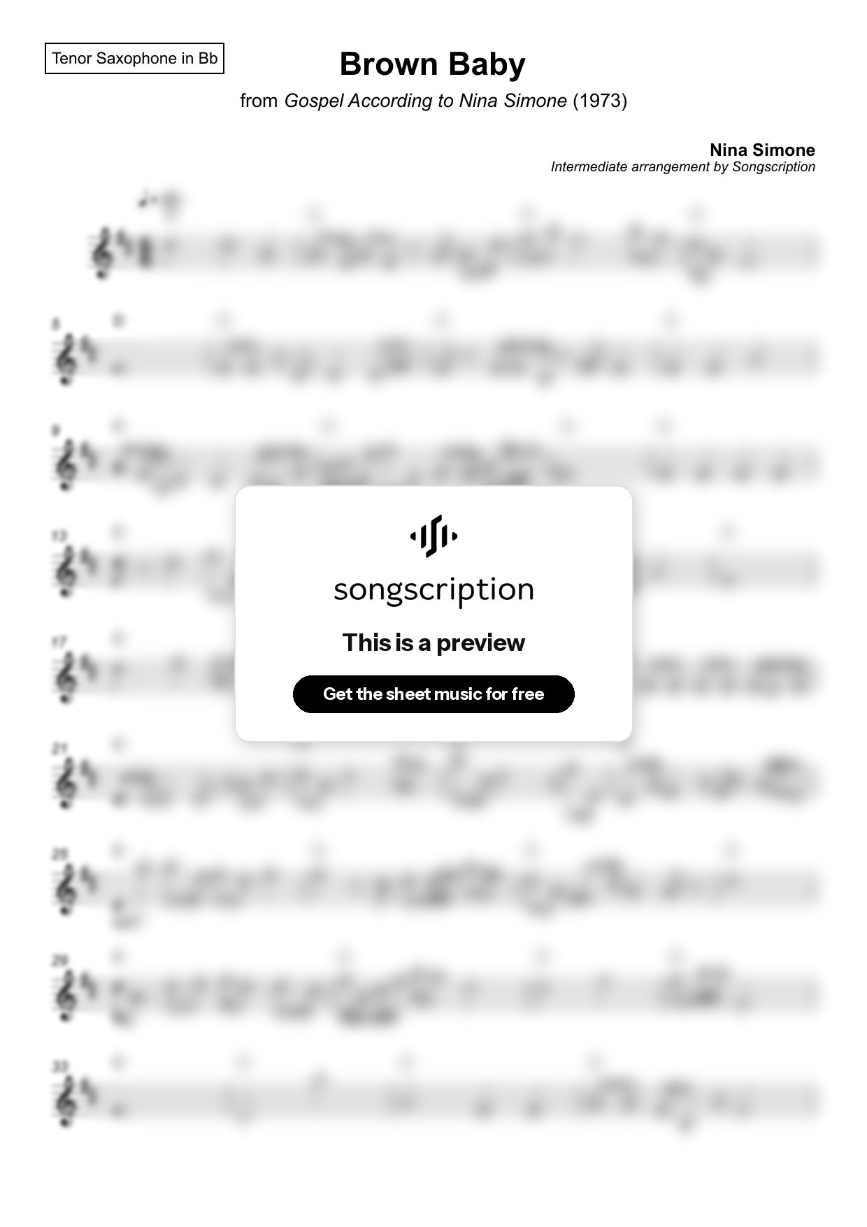 Intermediate Tenor Sax Sheet Music for "Brown Baby" by Nina Simone