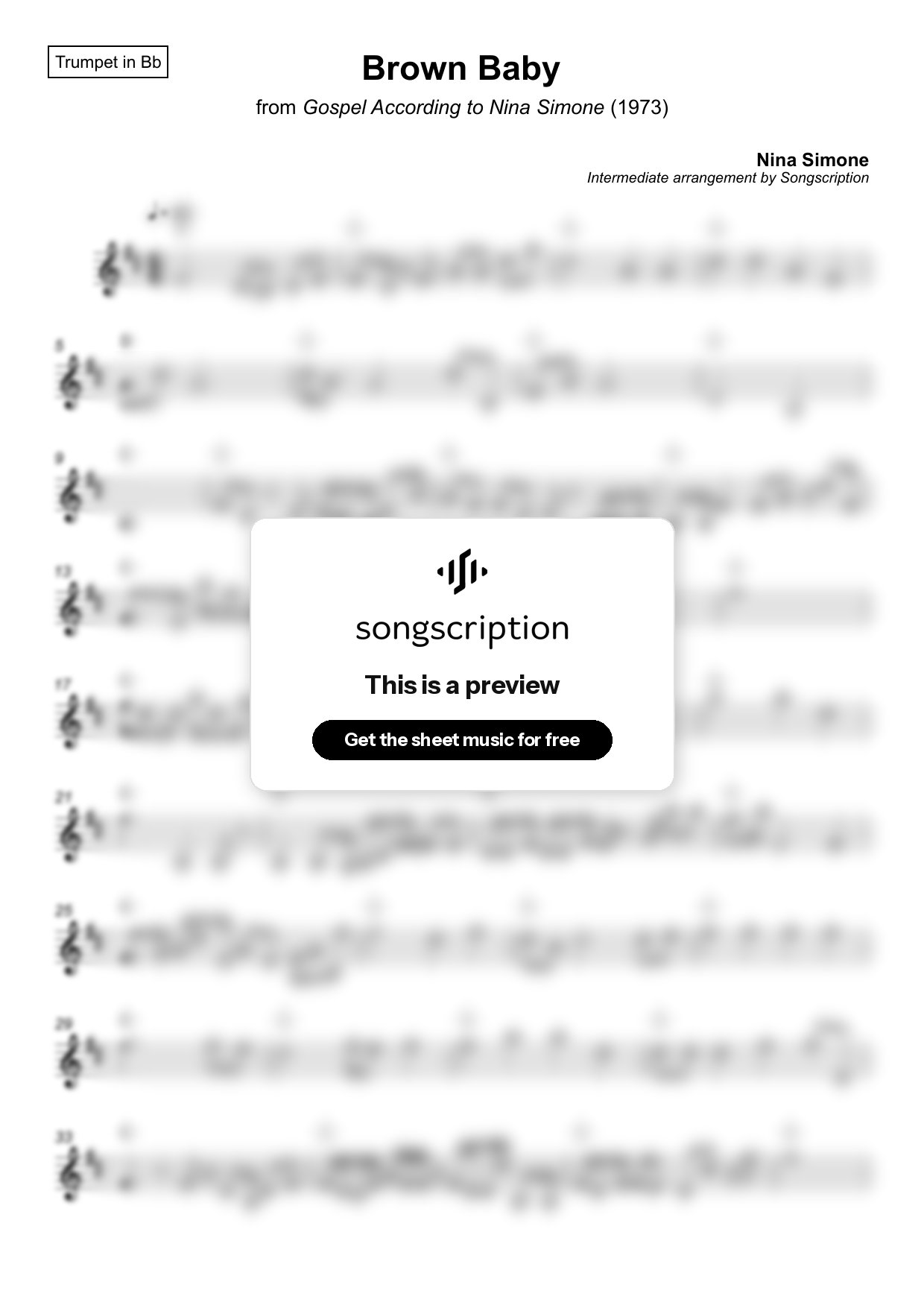 Intermediate Trumpet Sheet Music for "Brown Baby" by Nina Simone