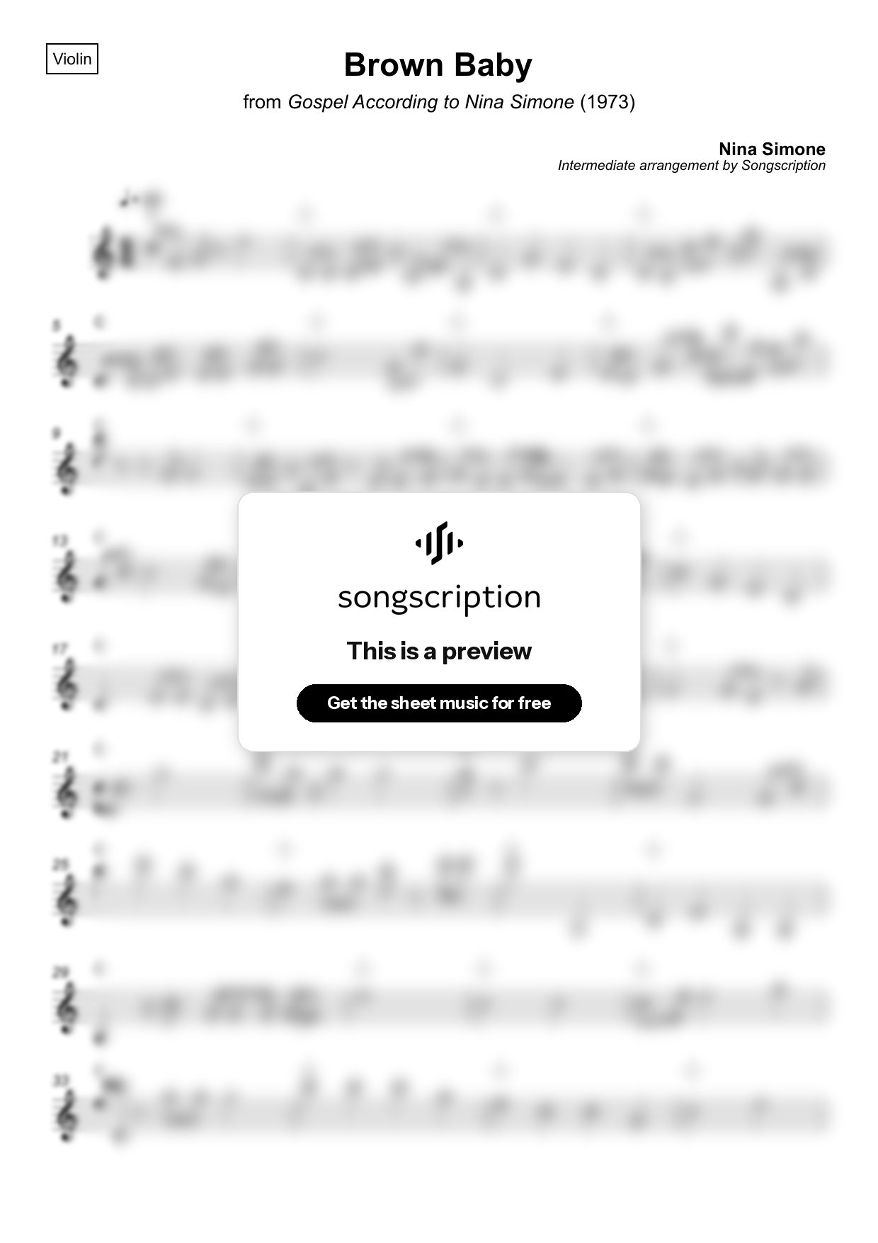 Intermediate Violin Sheet Music for "Brown Baby" by Nina Simone