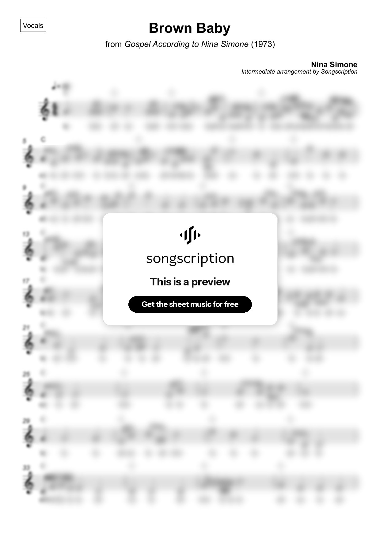 Intermediate Vocals Sheet Music for "Brown Baby" by Nina Simone