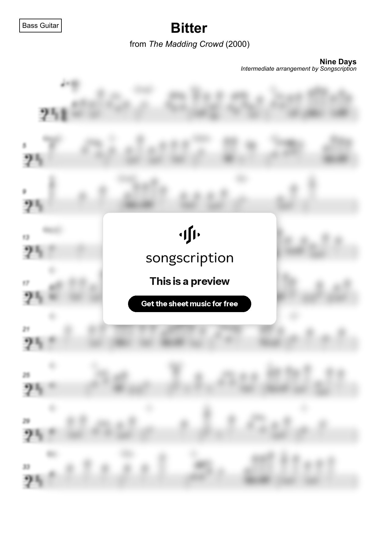 Intermediate Bass Guitar Sheet Music for "Bitter" by Nine Days