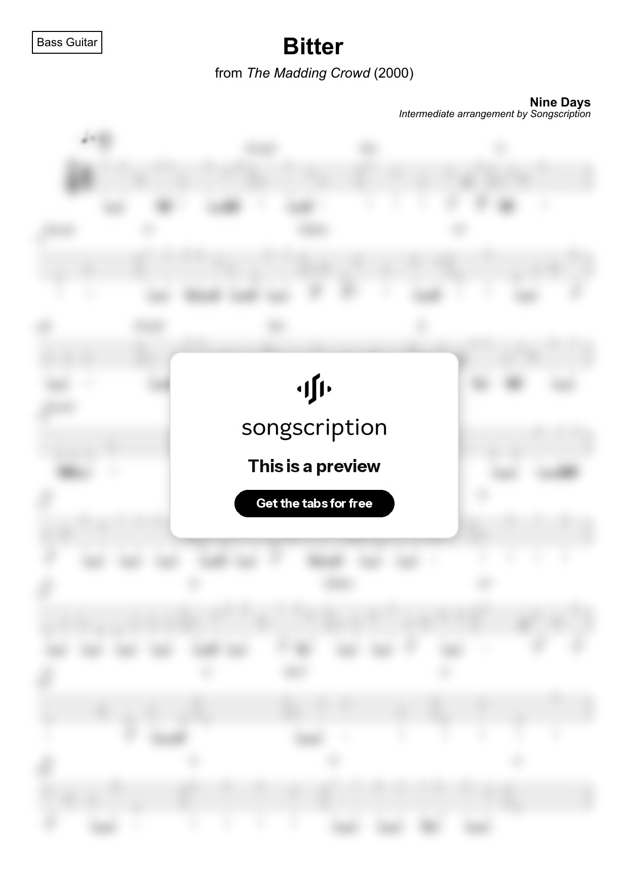 Intermediate Bass Guitar Tabs for "Bitter" by Nine Days