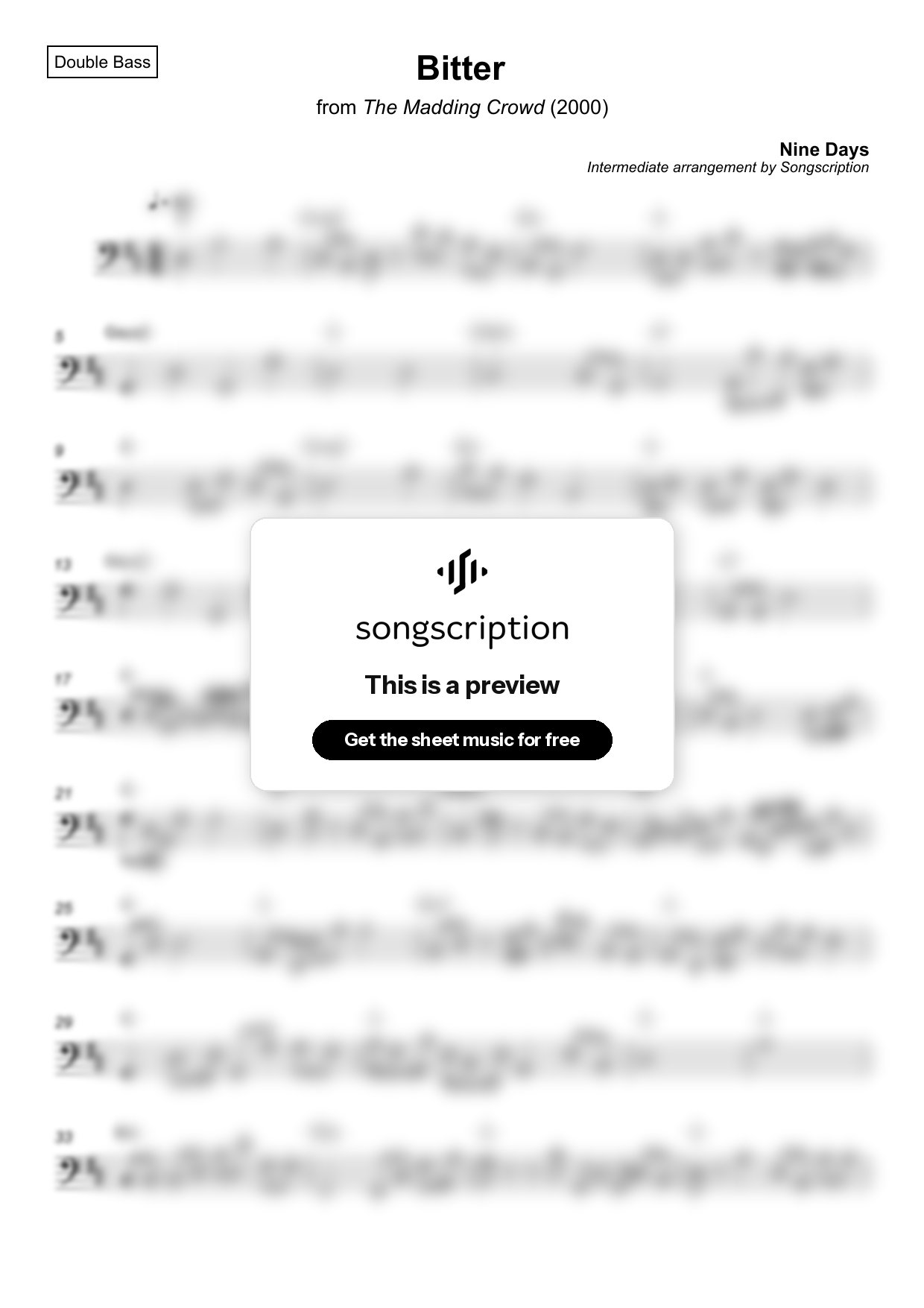 Intermediate Double Bass Sheet Music for "Bitter" by Nine Days