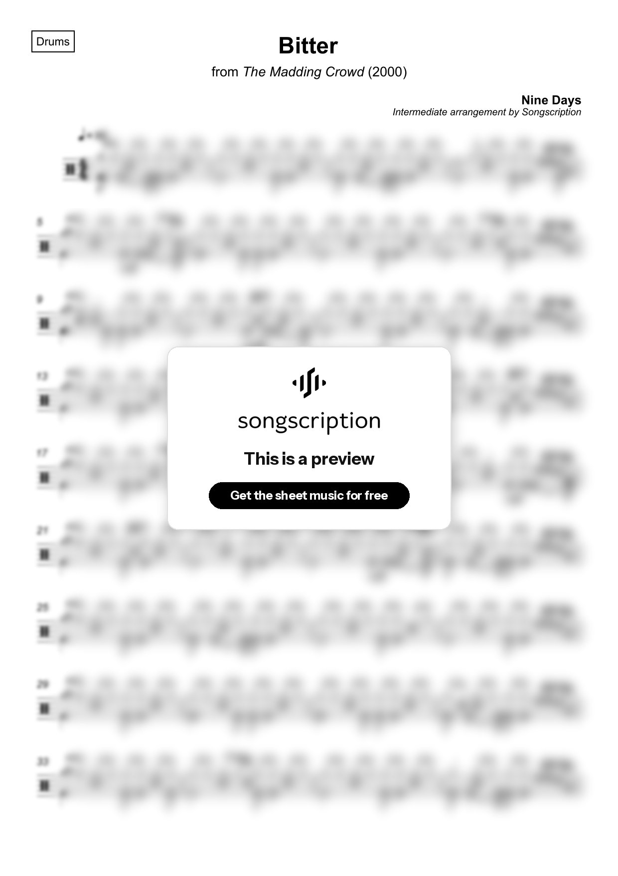 Intermediate Drums Sheet Music for "Bitter" by Nine Days