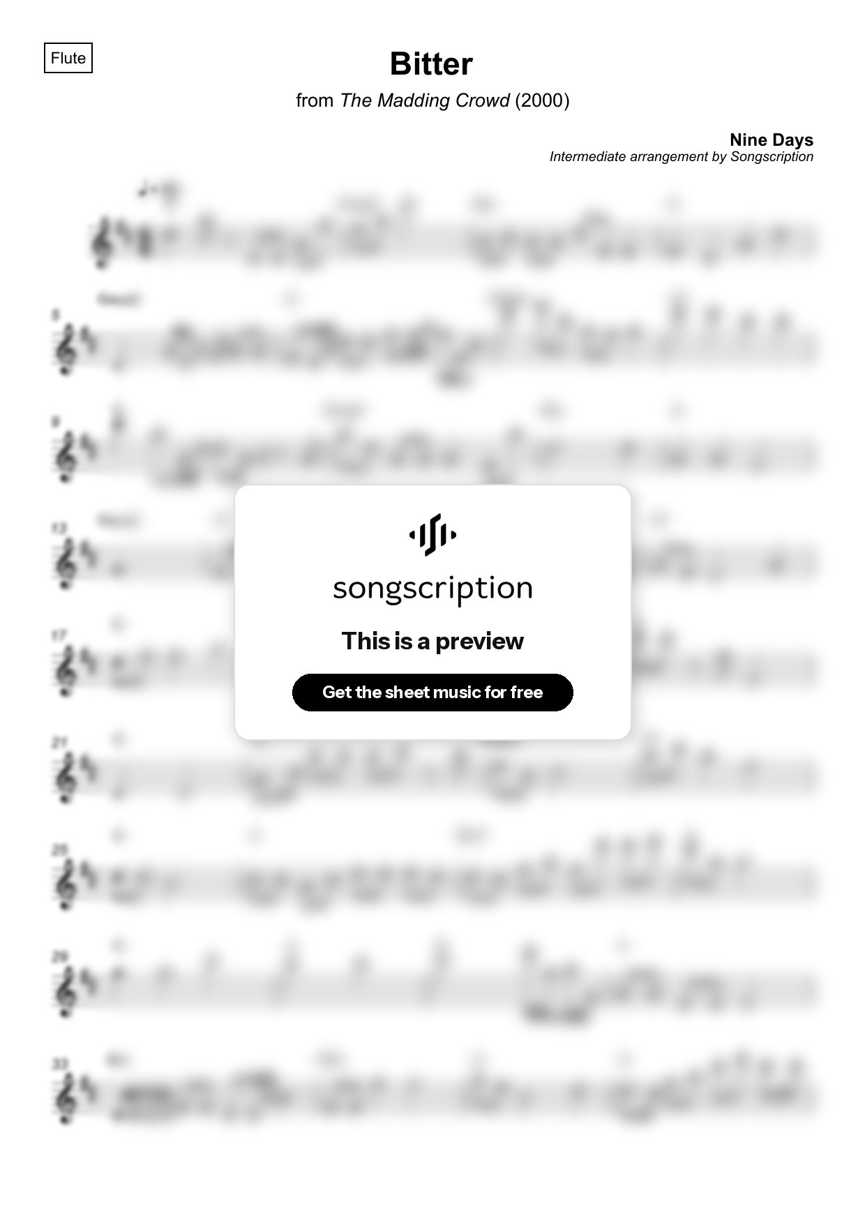 Intermediate Flute Sheet Music for "Bitter" by Nine Days