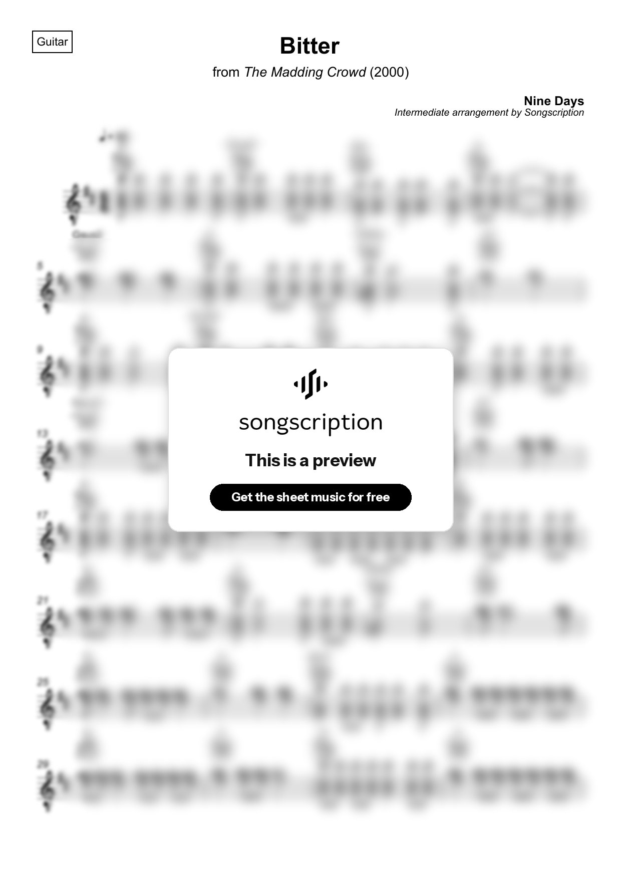 Intermediate Acoustic Guitar Sheet Music for "Bitter" by Nine Days