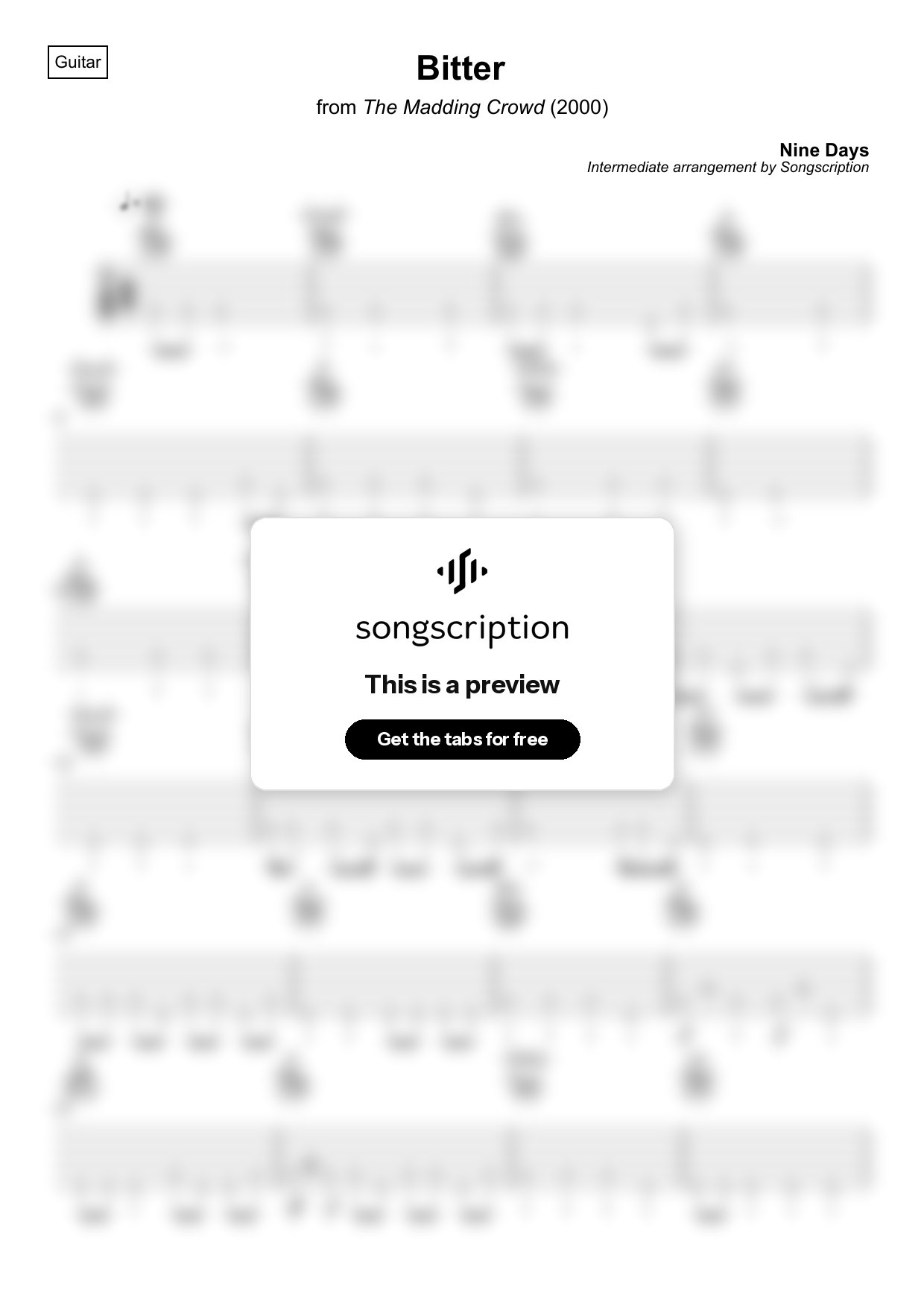 Intermediate Acoustic Guitar Tabs for "Bitter" by Nine Days