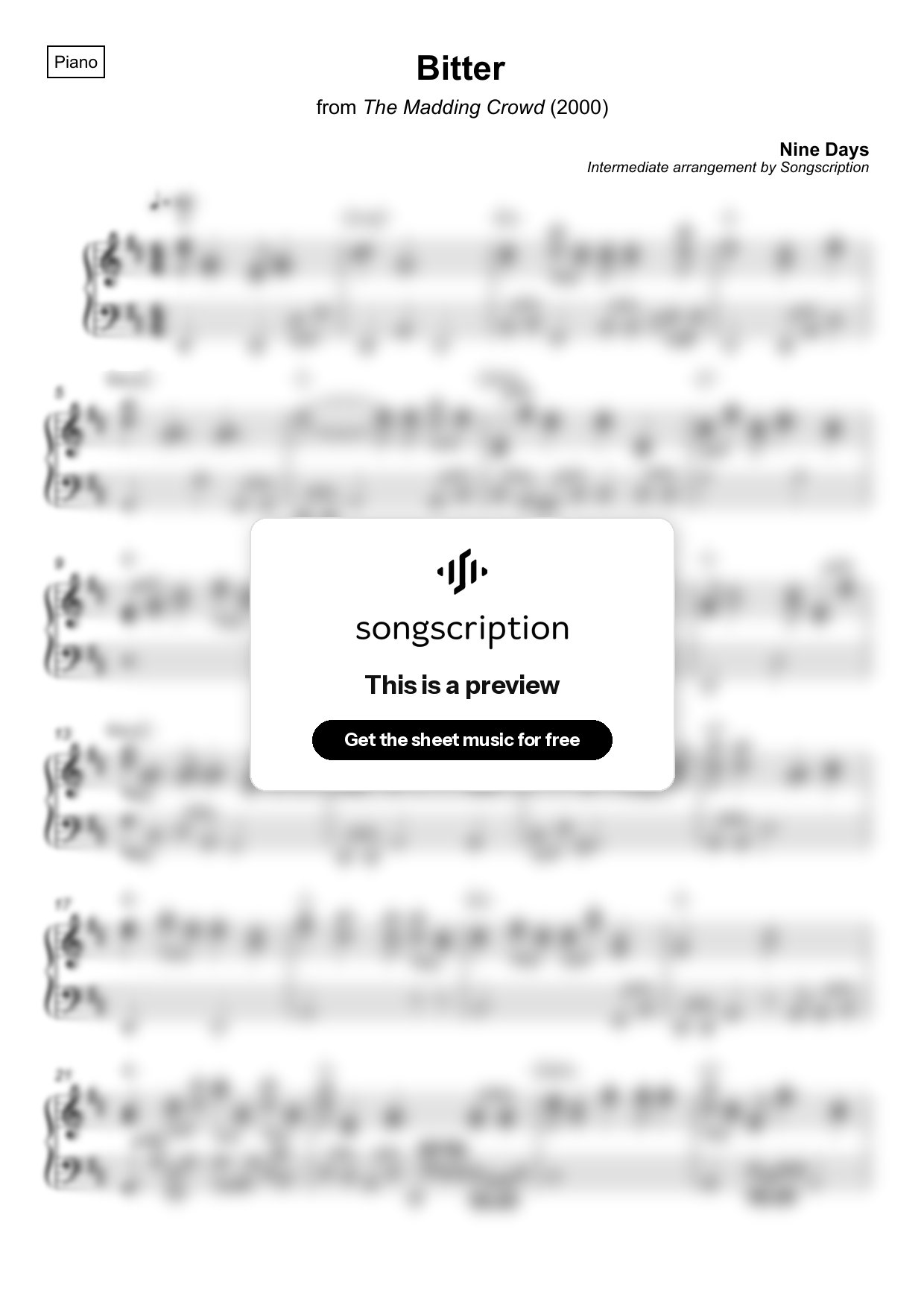 Intermediate Piano Sheet Music for "Bitter" by Nine Days
