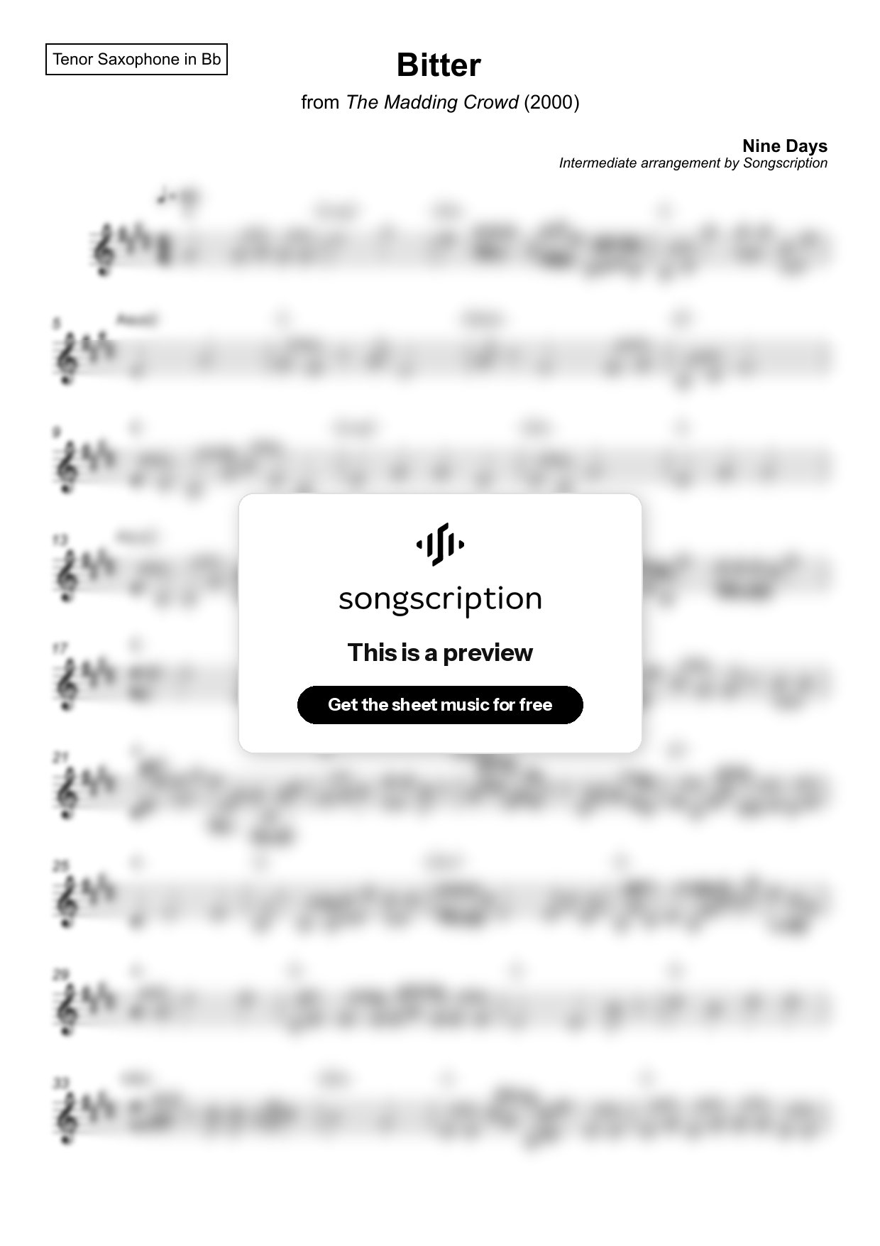 Intermediate Tenor Sax Sheet Music for "Bitter" by Nine Days
