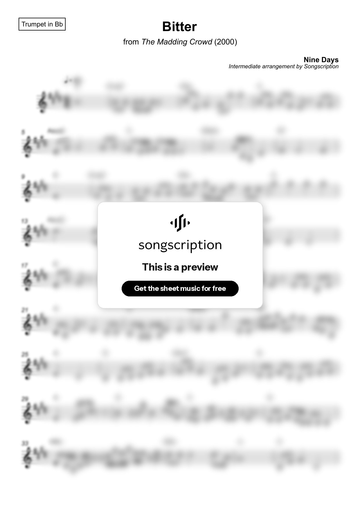 Intermediate Trumpet Sheet Music for "Bitter" by Nine Days