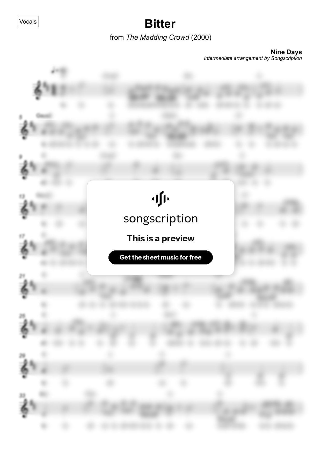 Intermediate Vocals Sheet Music for "Bitter" by Nine Days